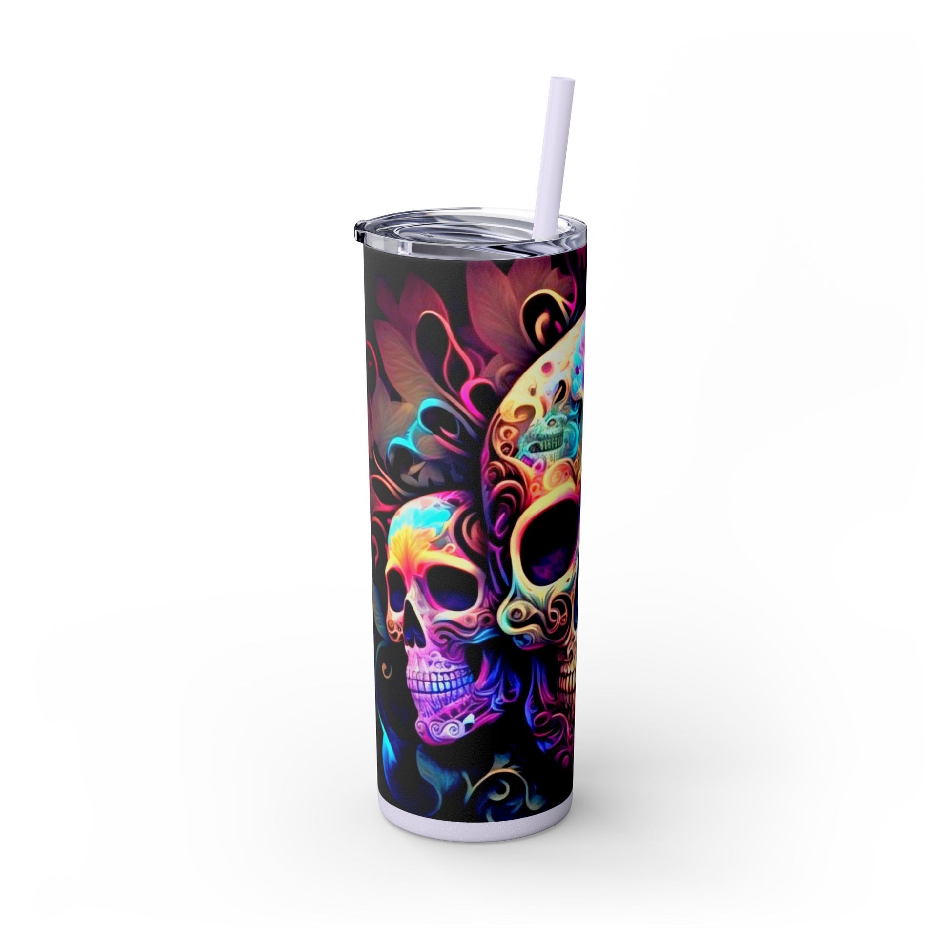 Vibraint Colorful Skulls -Skinny Tumbler with Straw, 20oz Printify