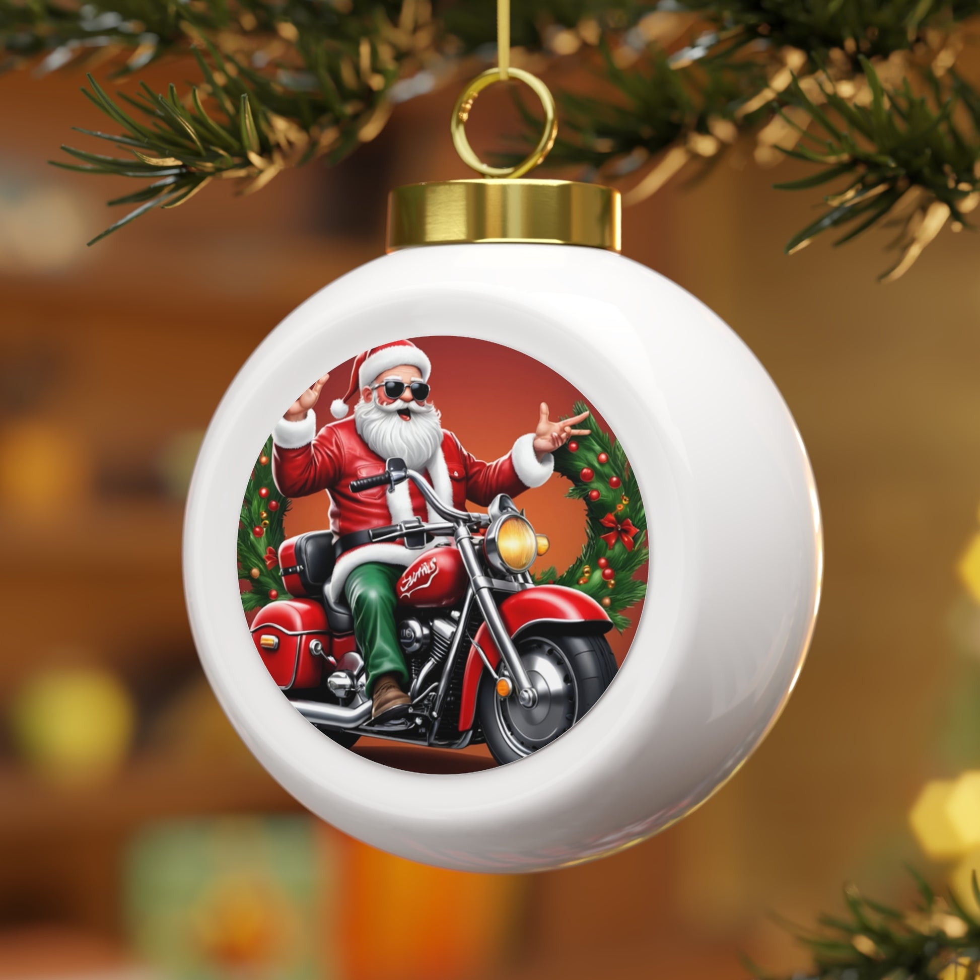 SANTA Motorcycle (b) Christmas Ball Ornament - Rock n Royalty Designs