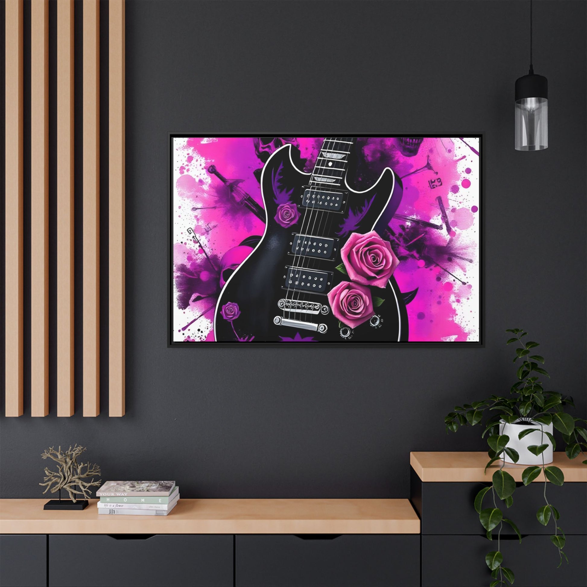 Canvas Art Print 1 of 4 - VIBRAINT Purple Guitar with Skulls and Pink Roses - Rock n Royalty Designs