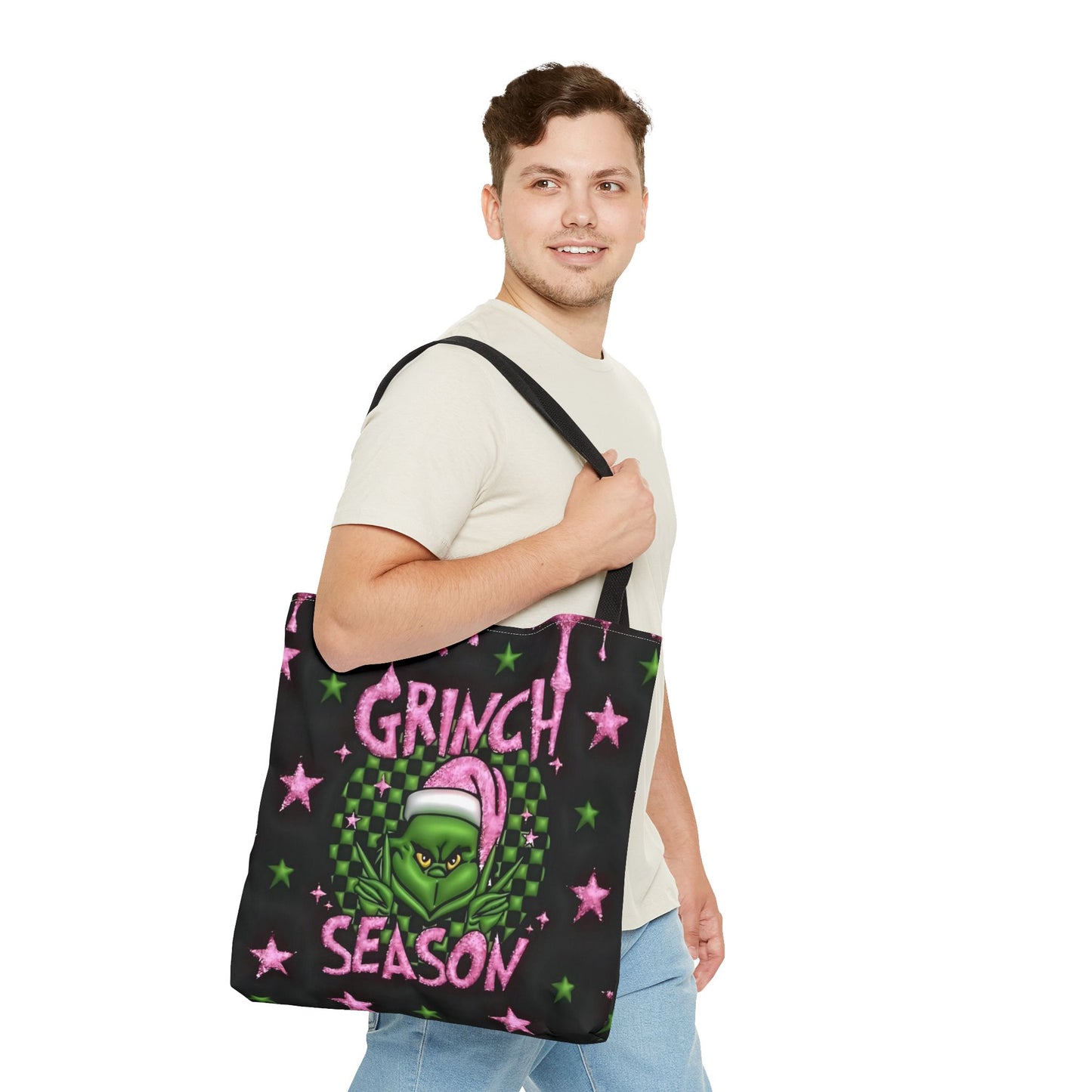 "Grinch Season Tote Bag - Christmas Holiday Shopping Handbag with Pink and Green Design" Printify