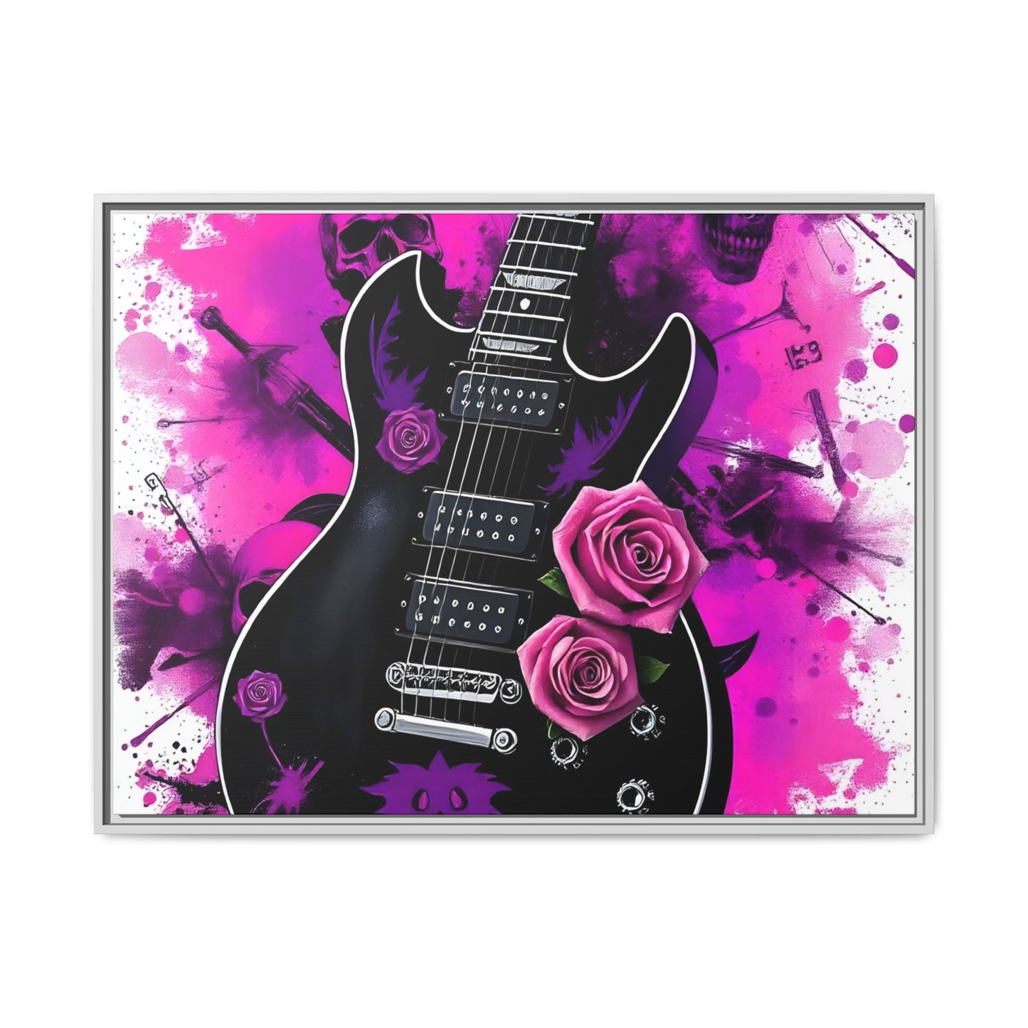 Canvas Art Print 1 of 4 - VIBRAINT Purple Guitar with Skulls and Pink Roses - Rock n Royalty Designs