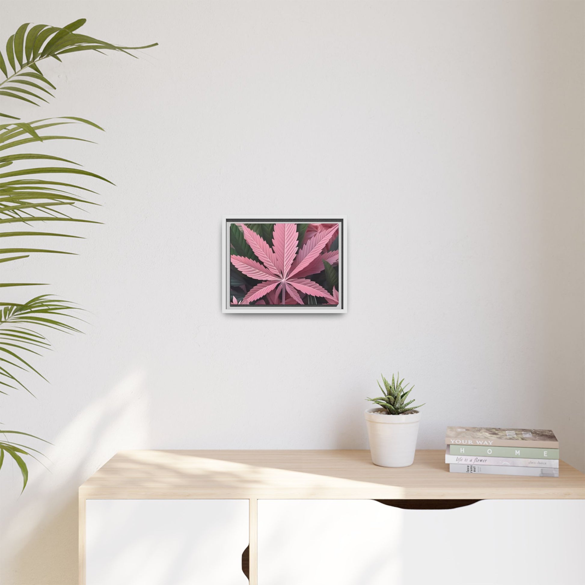 "Pink Cannabis Leaf Art | Framed Botanical Wall Decor | Modern Marijuana Print" Matte Canvas, Framed (Multi-color) Printify