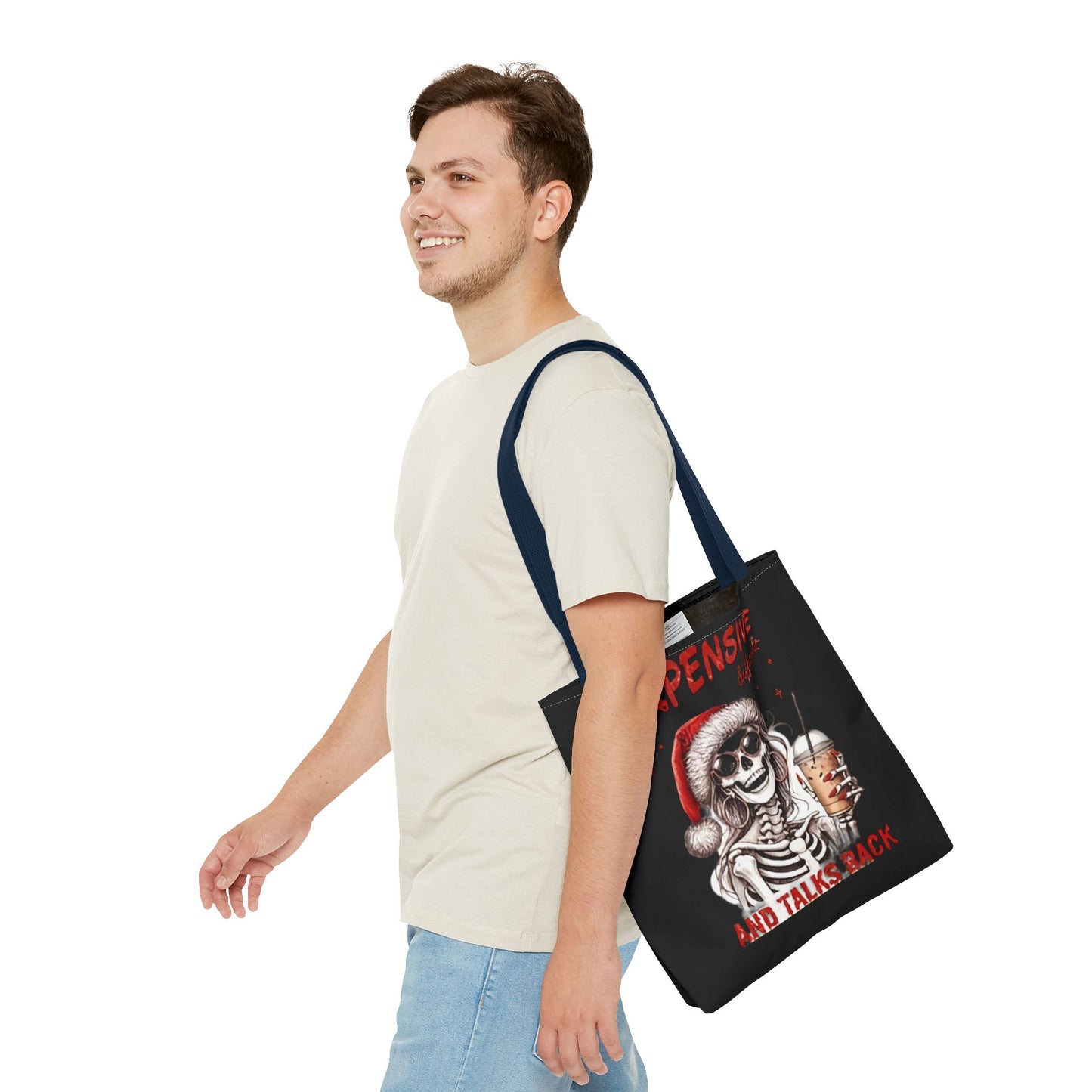 "Expensive and Talks Back: Sassy Skeleton Santa Tote Bag" Printify