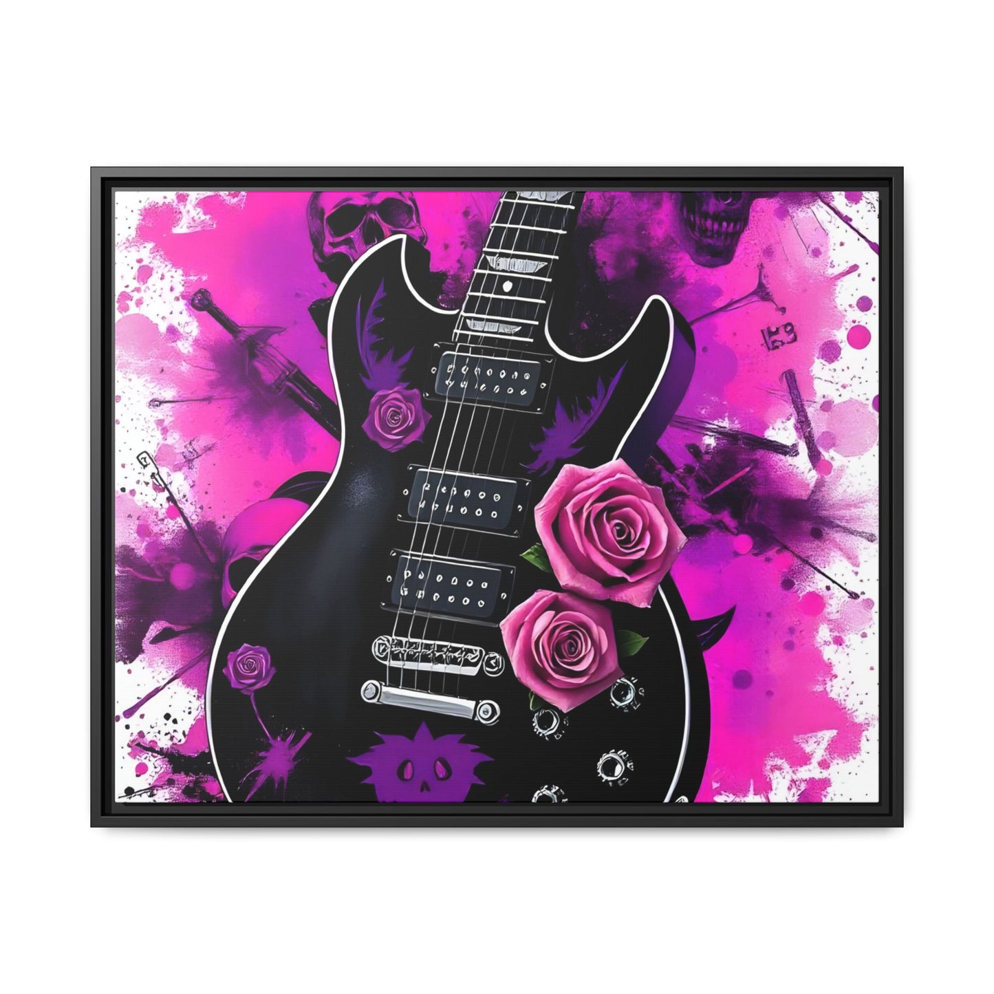 Canvas Art Print 1 of 4 - VIBRAINT Purple Guitar with Skulls and Pink Roses - Rock n Royalty Designs