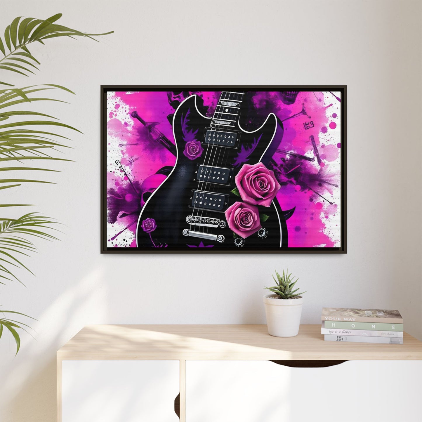 Canvas Art Print 1 of 4 - VIBRAINT Purple Guitar with Skulls and Pink Roses - Rock n Royalty Designs