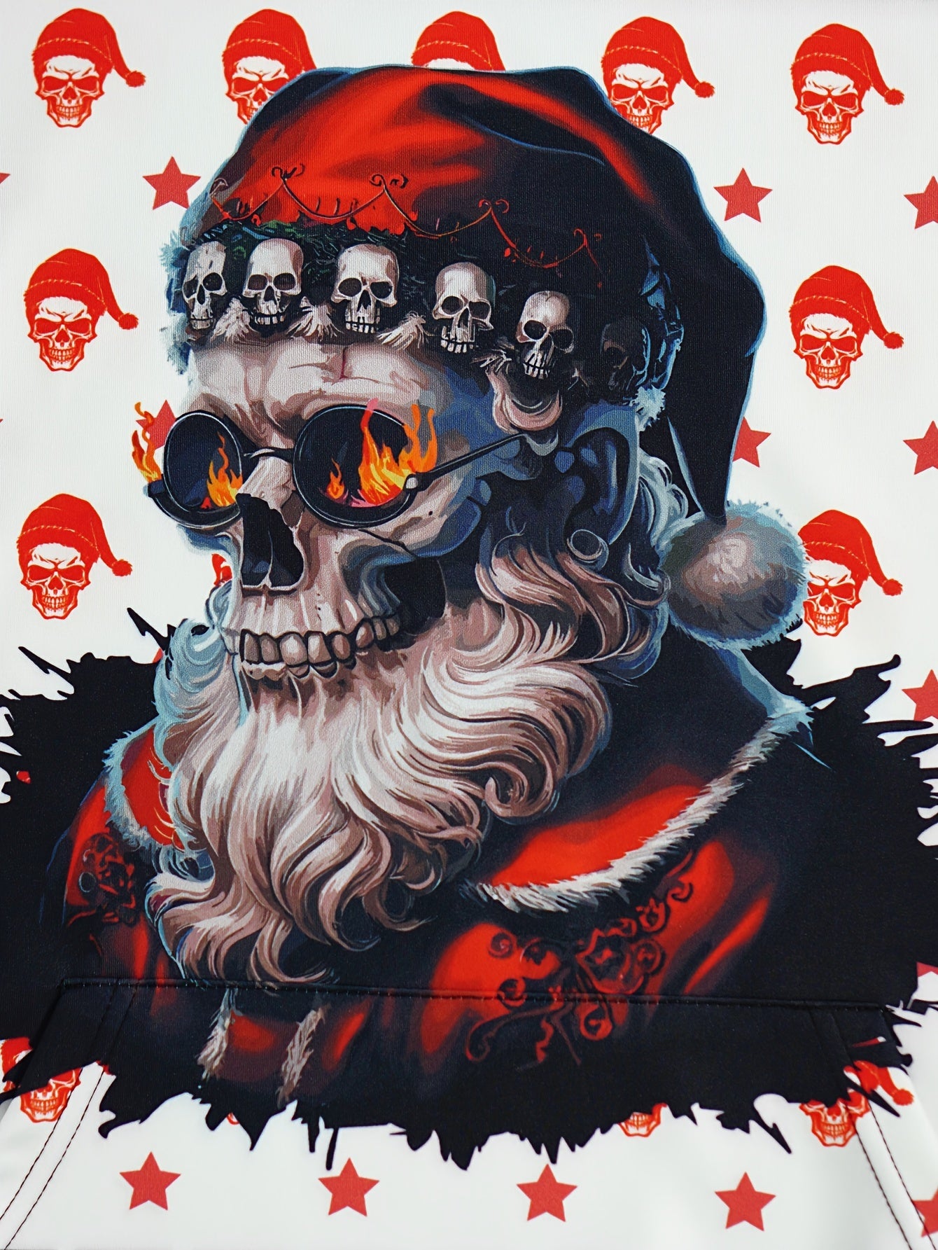 Skully Shady Santa - Ugly Christmas Sweater | Gothic Holiday Hoodie 3D Skull Print - Mens Casual & Comfy Pullover, Red & Black, Polyester Blend - Rock n Royalty Designs