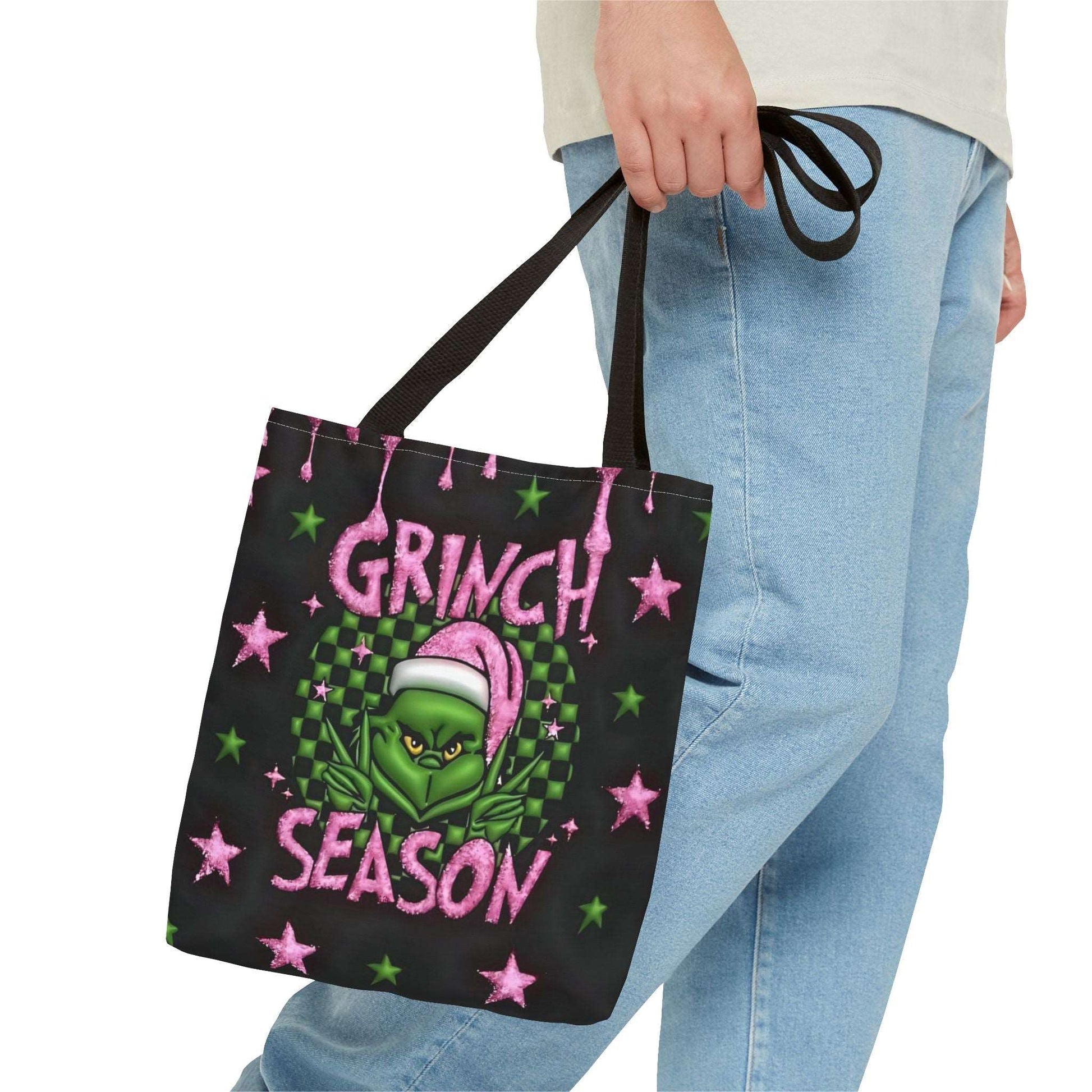 "Grinch Season Tote Bag - Christmas Holiday Shopping Handbag with Pink and Green Design"