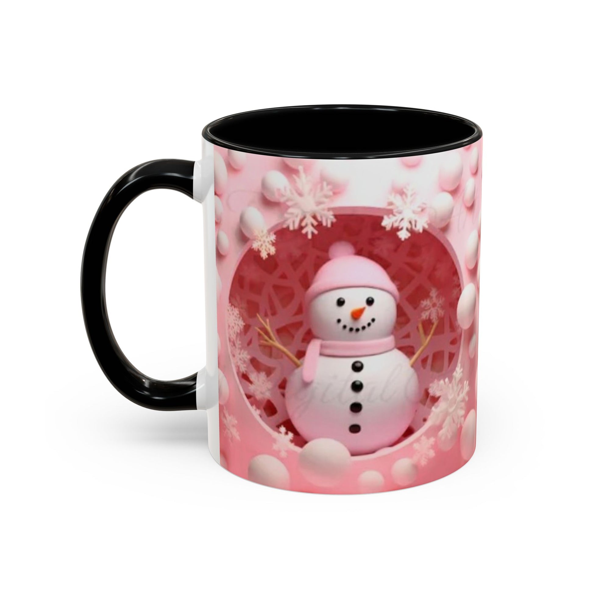 Snowman Coffee Mug, Pink Heart Winter Design (11oz) Printify