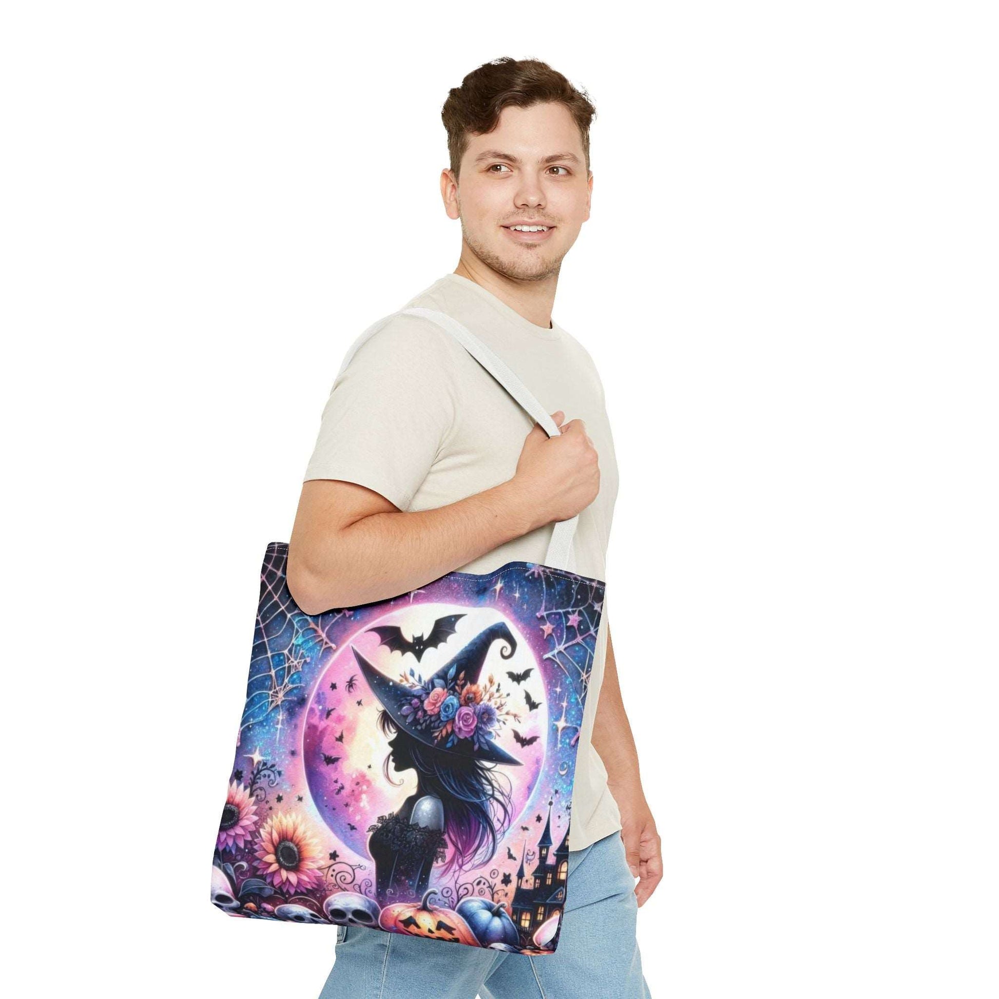 "Mystical Witch Tote Bag - Celestial Moon and Bat Design (AOP)"