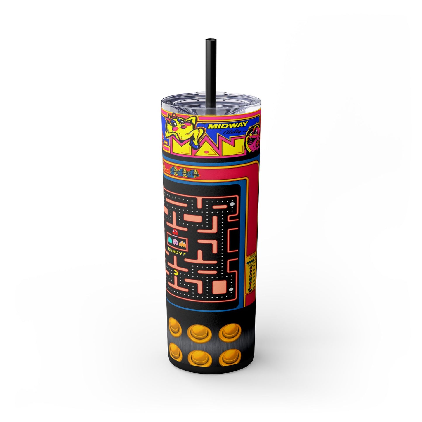 MS PACMAN ARCADE GAME - Skinny Tumbler with Straw, 20oz - Rock n Royalty Designs