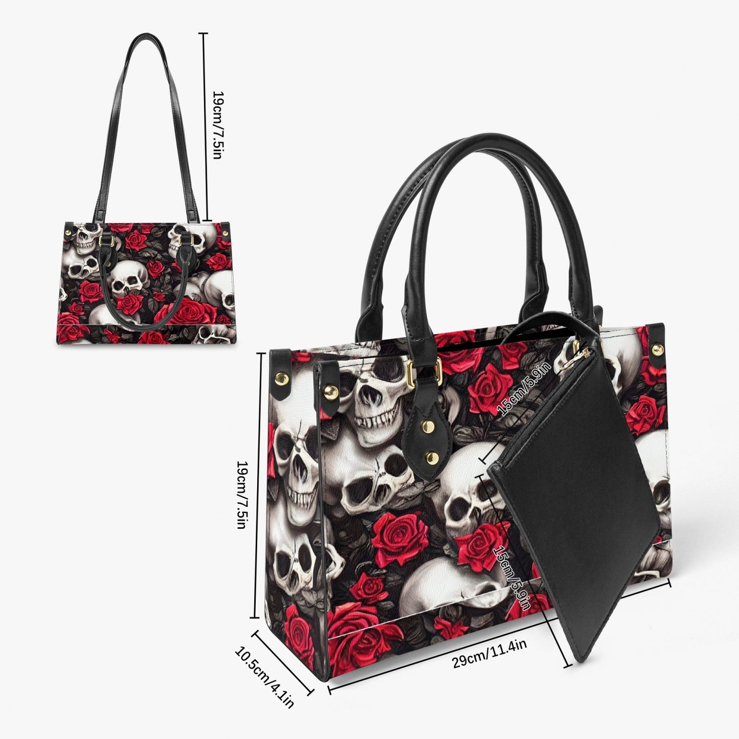 876. Tote Bag - Red Roses & Skull Design - Long Strap and Inner Bag