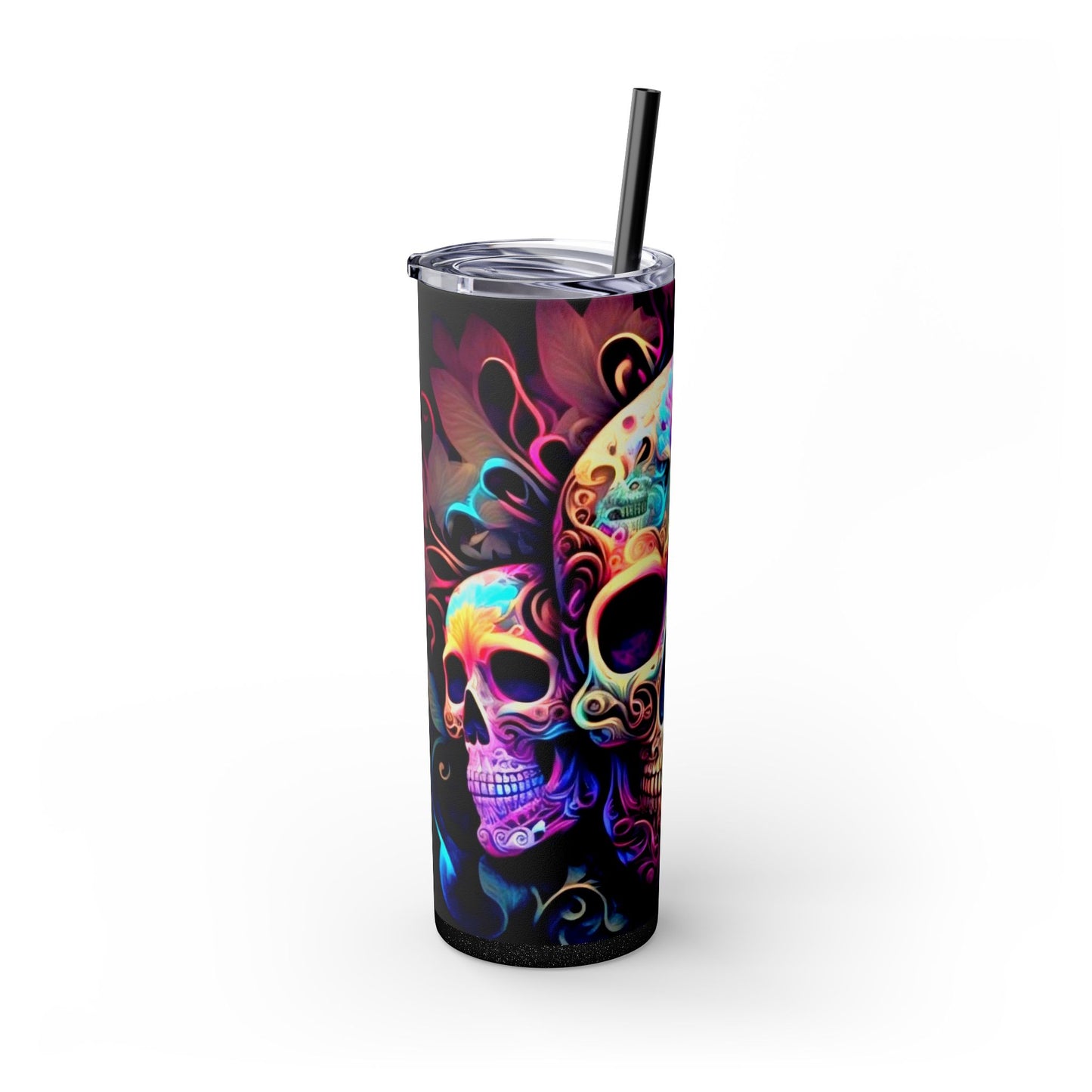 Vibraint Colorful Skulls -Skinny Tumbler with Straw, 20oz Printify