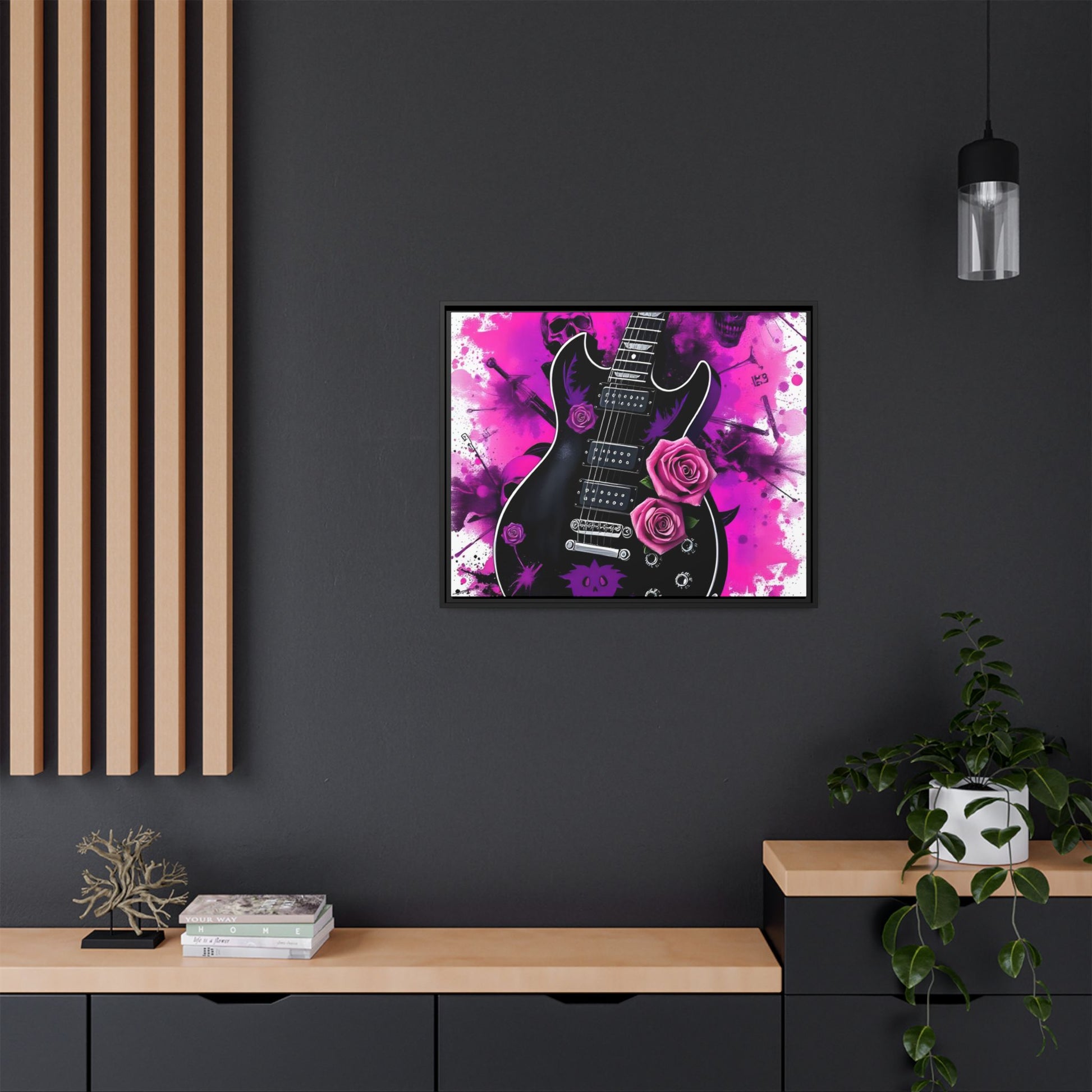 Canvas Art Print 1 of 4 - VIBRAINT Purple Guitar with Skulls and Pink Roses - Rock n Royalty Designs