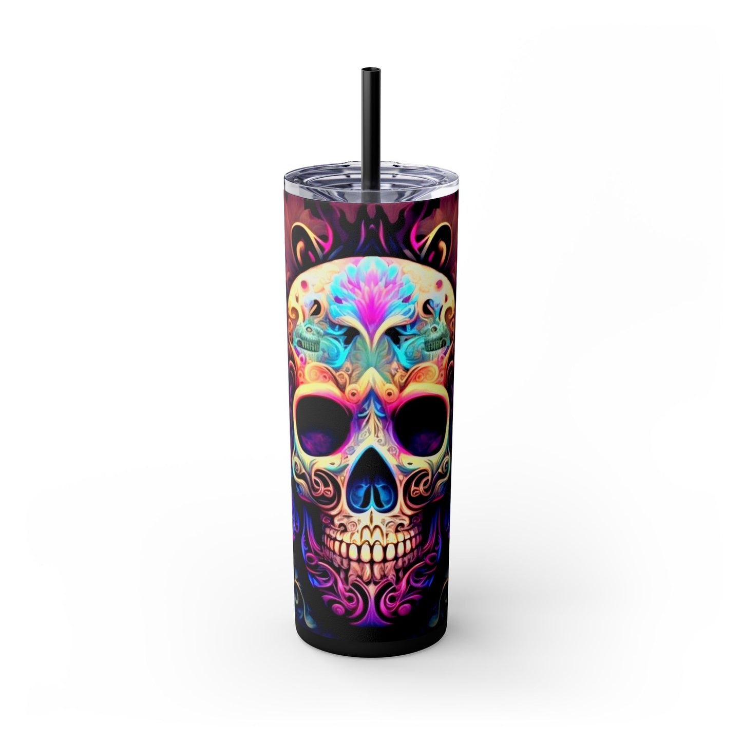 Vibraint Colorful Skulls -Skinny Tumbler with Straw, 20oz Printify