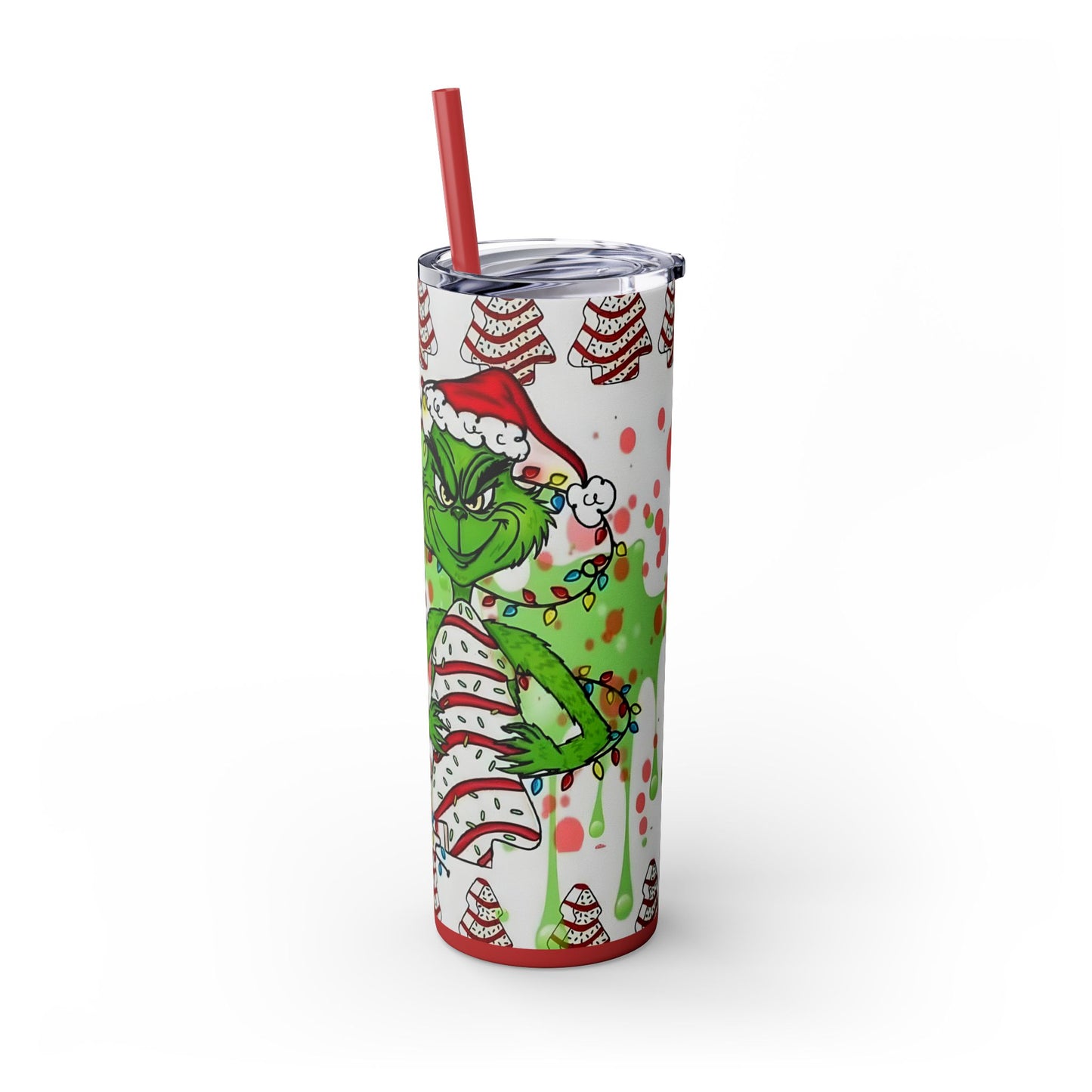 "Grinch Christmas Tumbler 20oz - Holiday Tumbler with Striped Christmas Cakes Design, Double Wall Insulated Cup with Straw (Funny Festive Collection)" Printify