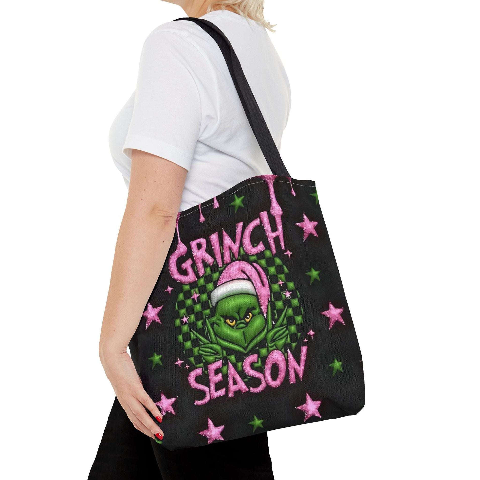 "Grinch Season Tote Bag - Christmas Holiday Shopping Handbag with Pink and Green Design"