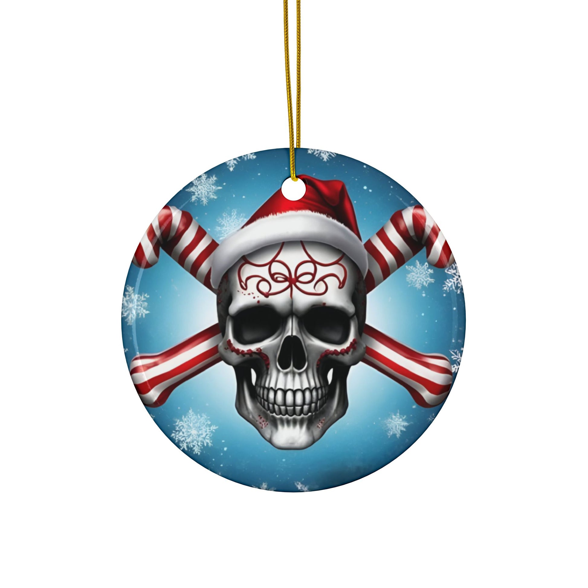 SKULL SANTA HAT - CANDY CANE CROSSBONES -Ceramic Ornaments, 2-Side Print, (1pc, 3pcs, 5pcs, 10pcs) - Rock n Royalty Designs