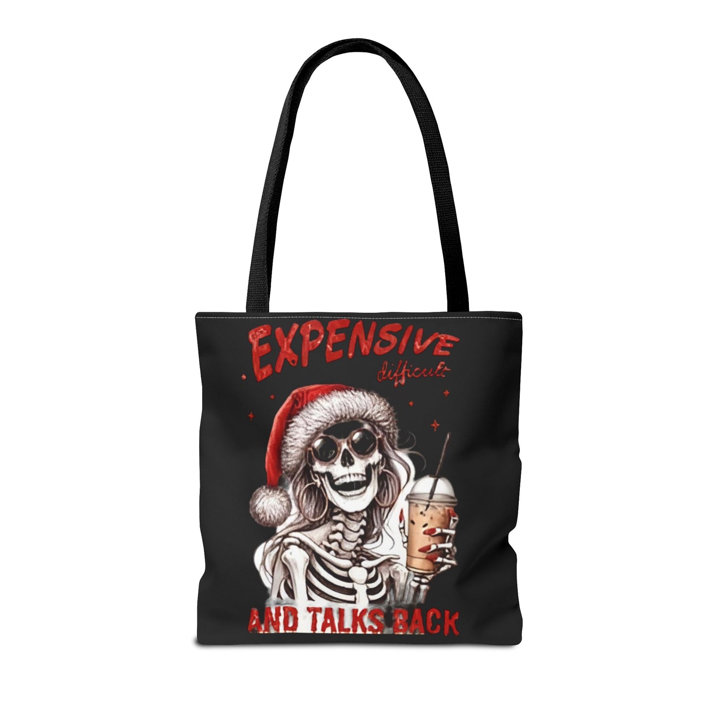 "Expensive and Talks Back: Sassy Skeleton Santa Tote Bag" Printify