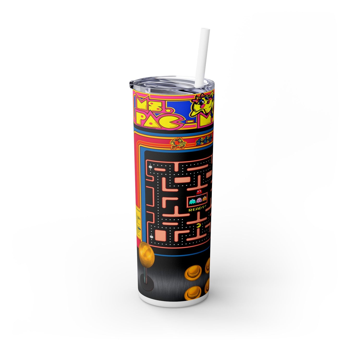 MS PACMAN ARCADE GAME - Skinny Tumbler with Straw, 20oz - Rock n Royalty Designs