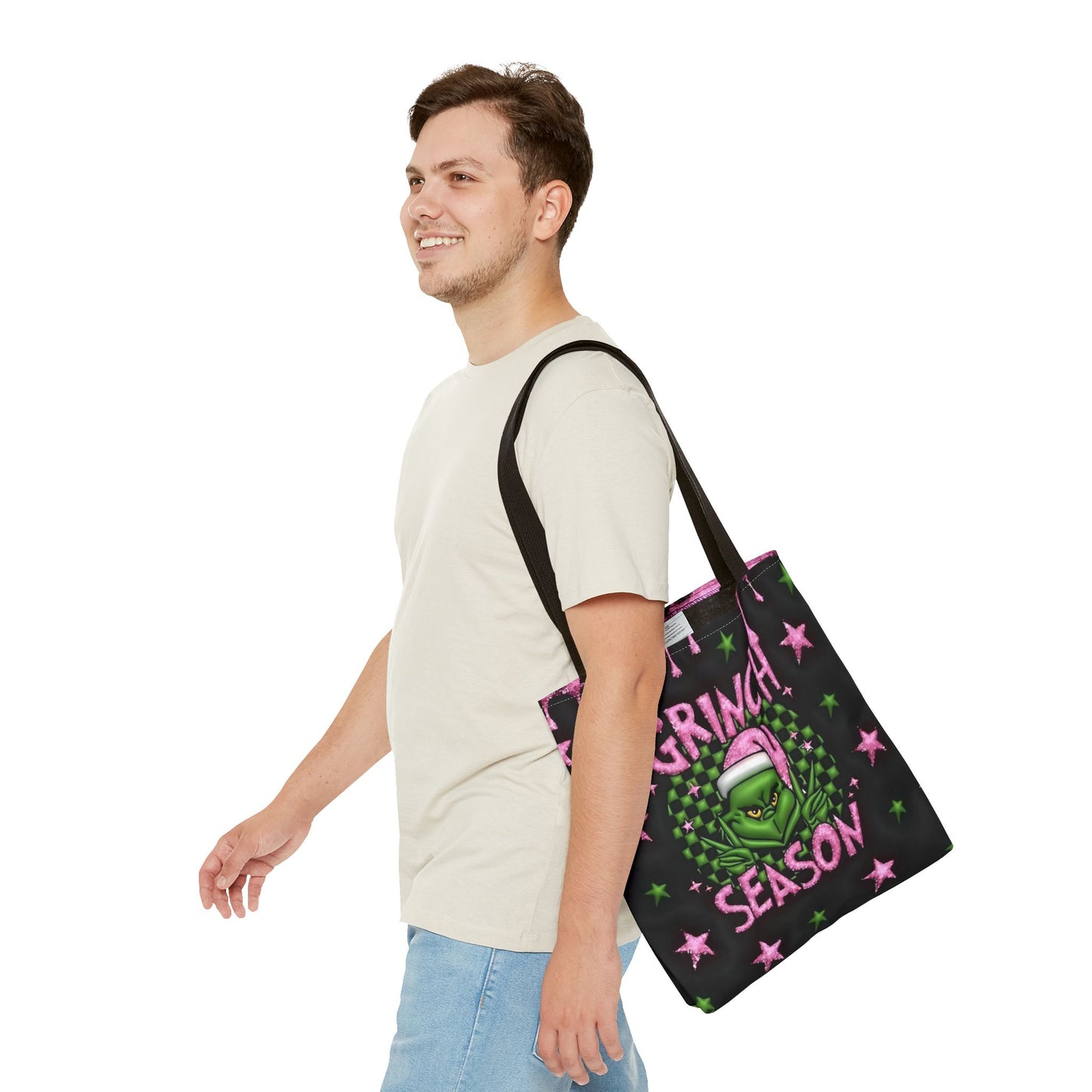 "Grinch Season Tote Bag - Christmas Holiday Shopping Handbag with Pink and Green Design" Printify