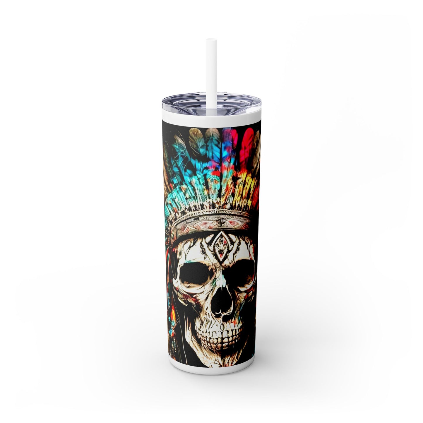 All colors Skull Indian - Skinny Tumbler with Straw, 20oz Printify