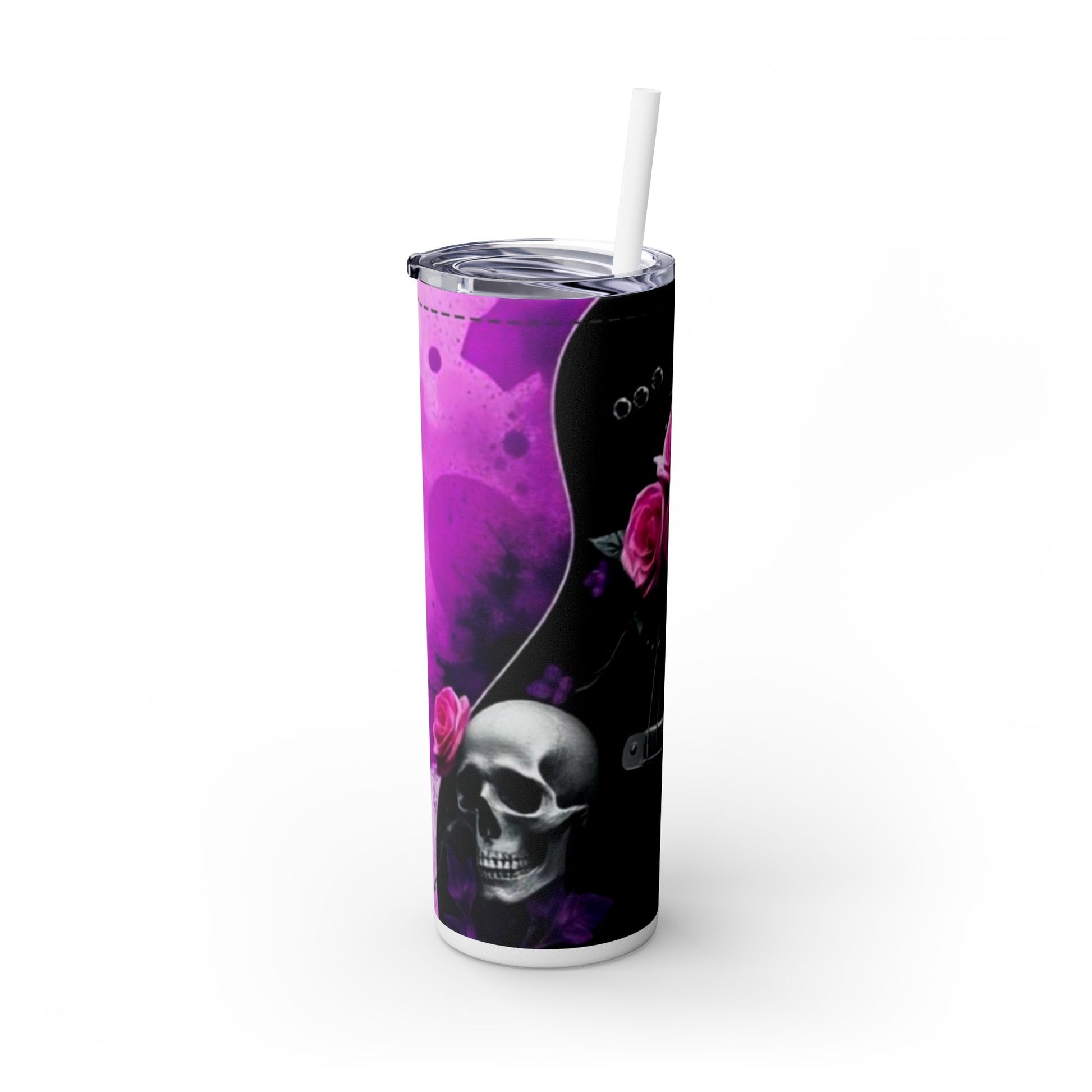 Series 2 of 4 - VIBRAINT Purple Guitar with Skulls and Pink Roses,Skinny Tumbler with Straw, 20oz - Rock n Royalty Designs