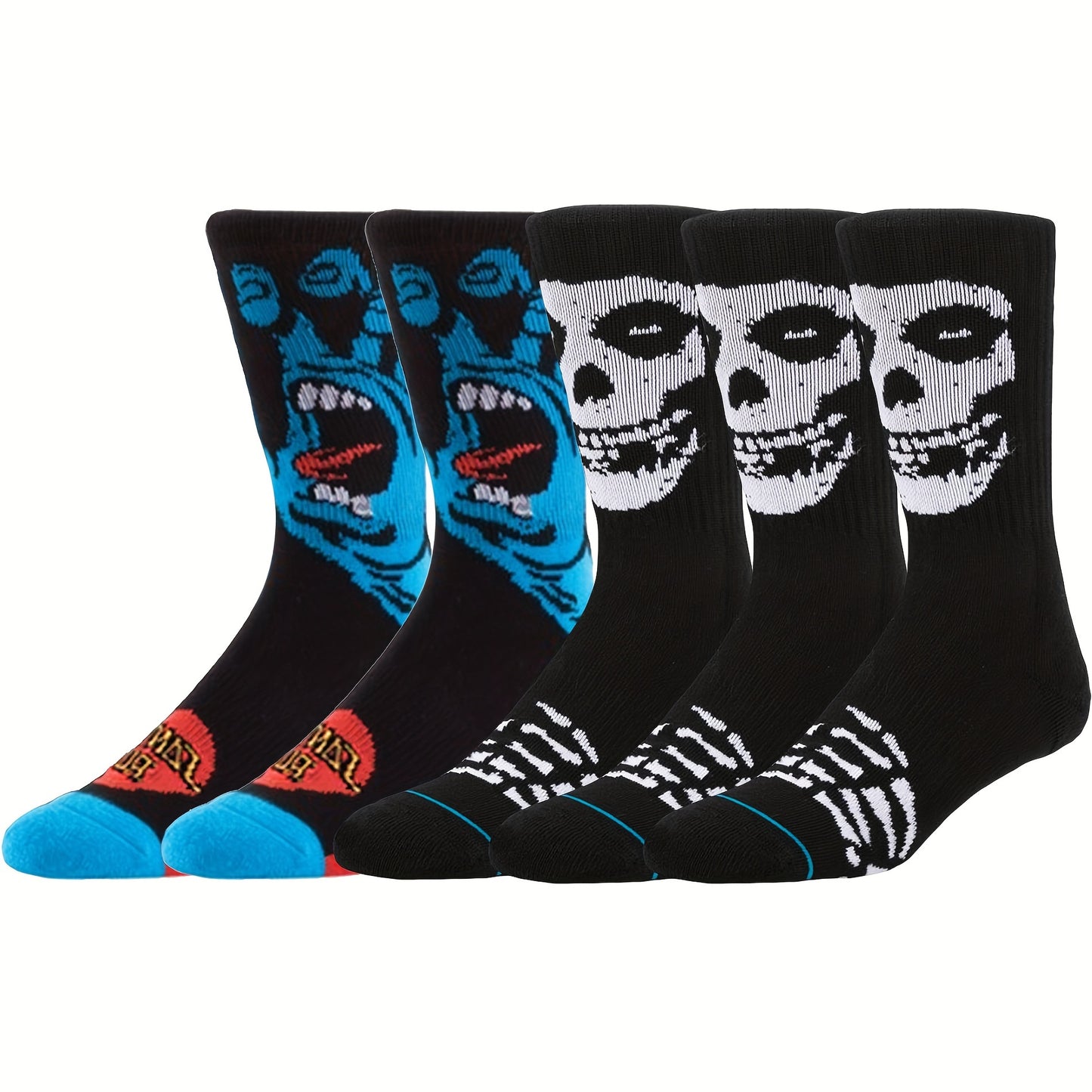 Skull Print Crew Socks - 5 Pairs Men's Novelty Sweat-Absorbing Socks - Rock n Royalty Designs