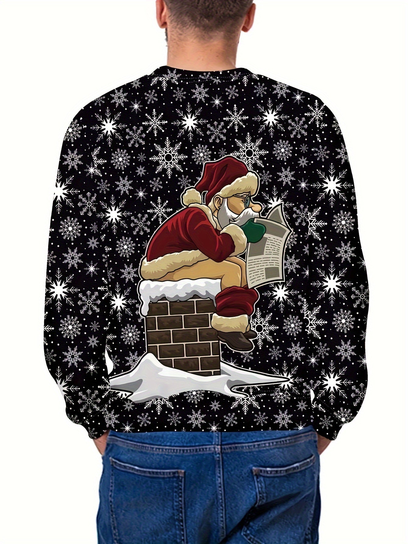 Men's Plus Size - Doing Santa Shit- DBL Sided- Christmas Santa Claus Chimney Gift Delivery Print Crew Neck Sweatshirt - Casual Sports Polyester Long Sleeve Pullover with Snowflake Pattern - Rock n Royalty Designs