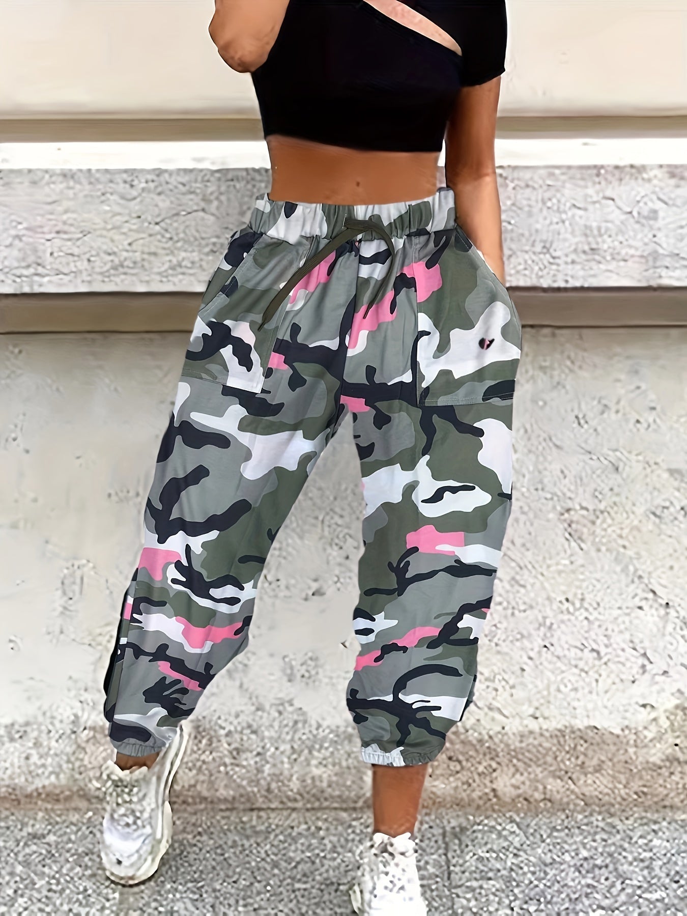 Women's Camo Print Cuffed Pants, grey, white, pink - Rock n Royalty Designs