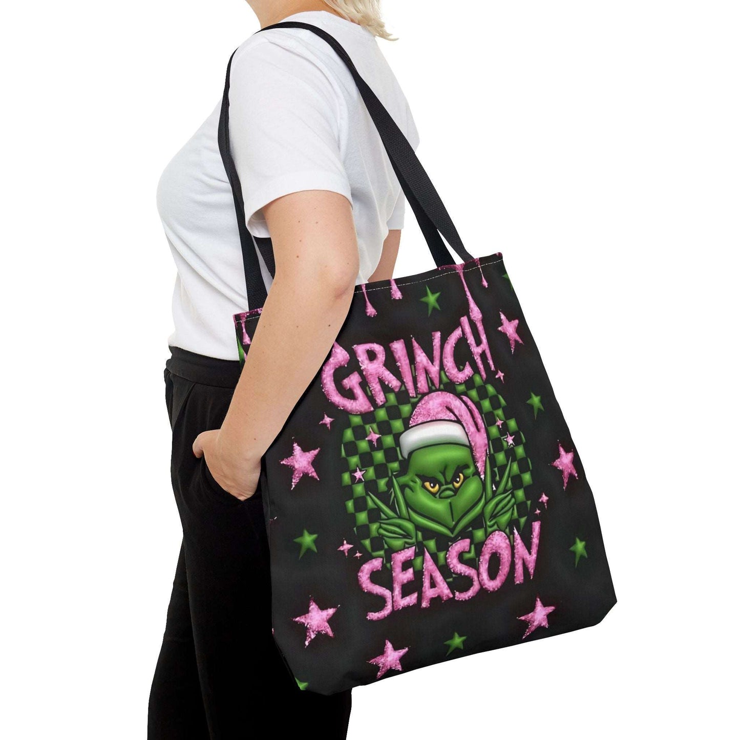 "Grinch Season Tote Bag - Christmas Holiday Shopping Handbag with Pink and Green Design"