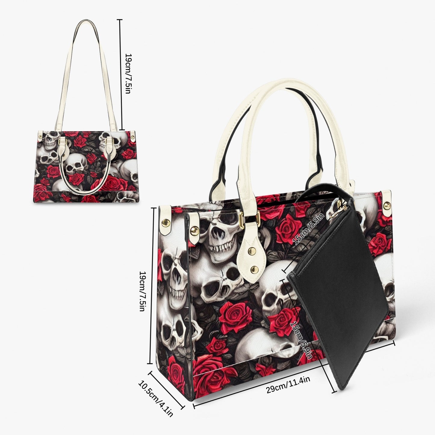 876. Tote Bag - Red Roses & Skull Design - Long Strap and Inner Bag