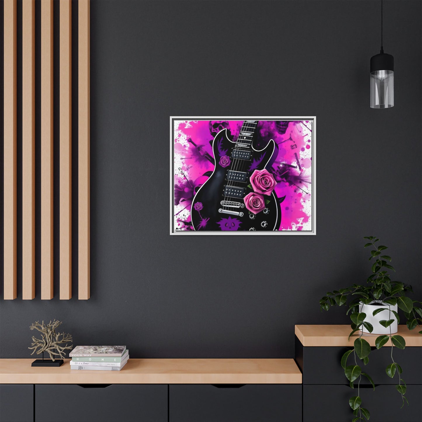 Canvas Art Print 1 of 4 - VIBRAINT Purple Guitar with Skulls and Pink Roses - Rock n Royalty Designs