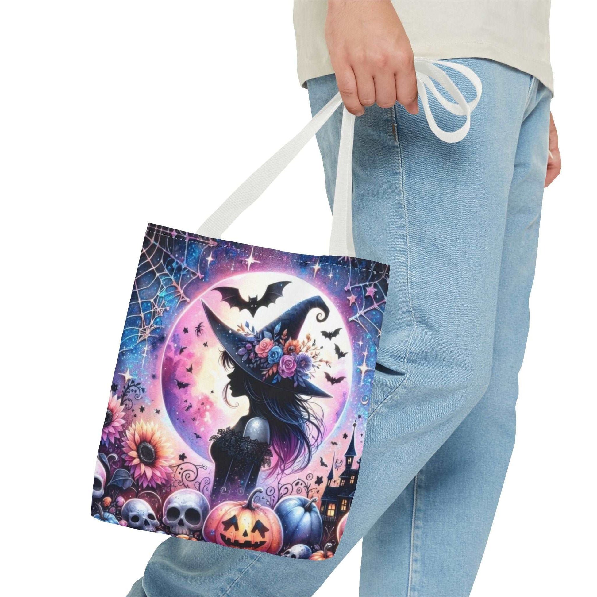 "Mystical Witch Tote Bag - Celestial Moon and Bat Design (AOP)"