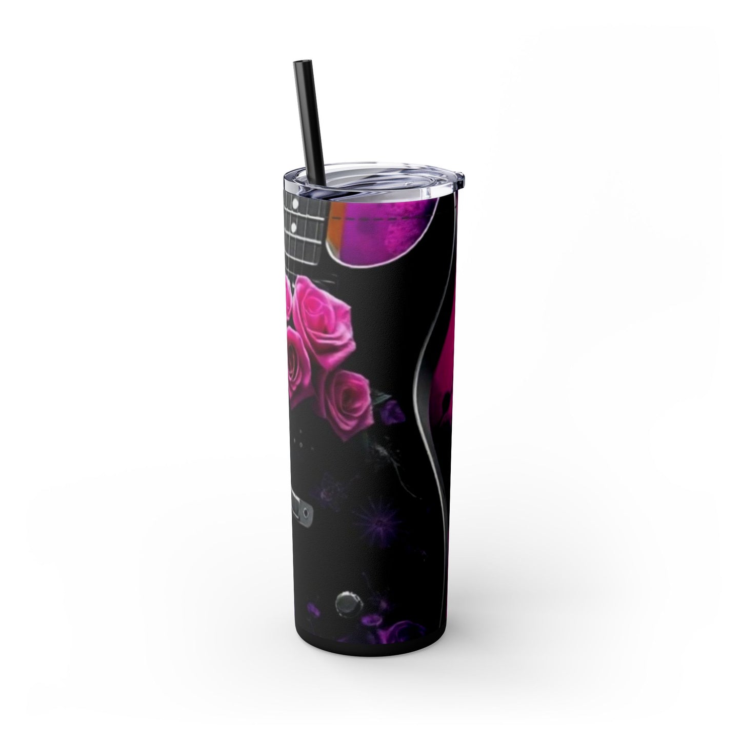 Series 2 of 4 - VIBRAINT Purple Guitar with Skulls and Pink Roses,Skinny Tumbler with Straw, 20oz - Rock n Royalty Designs