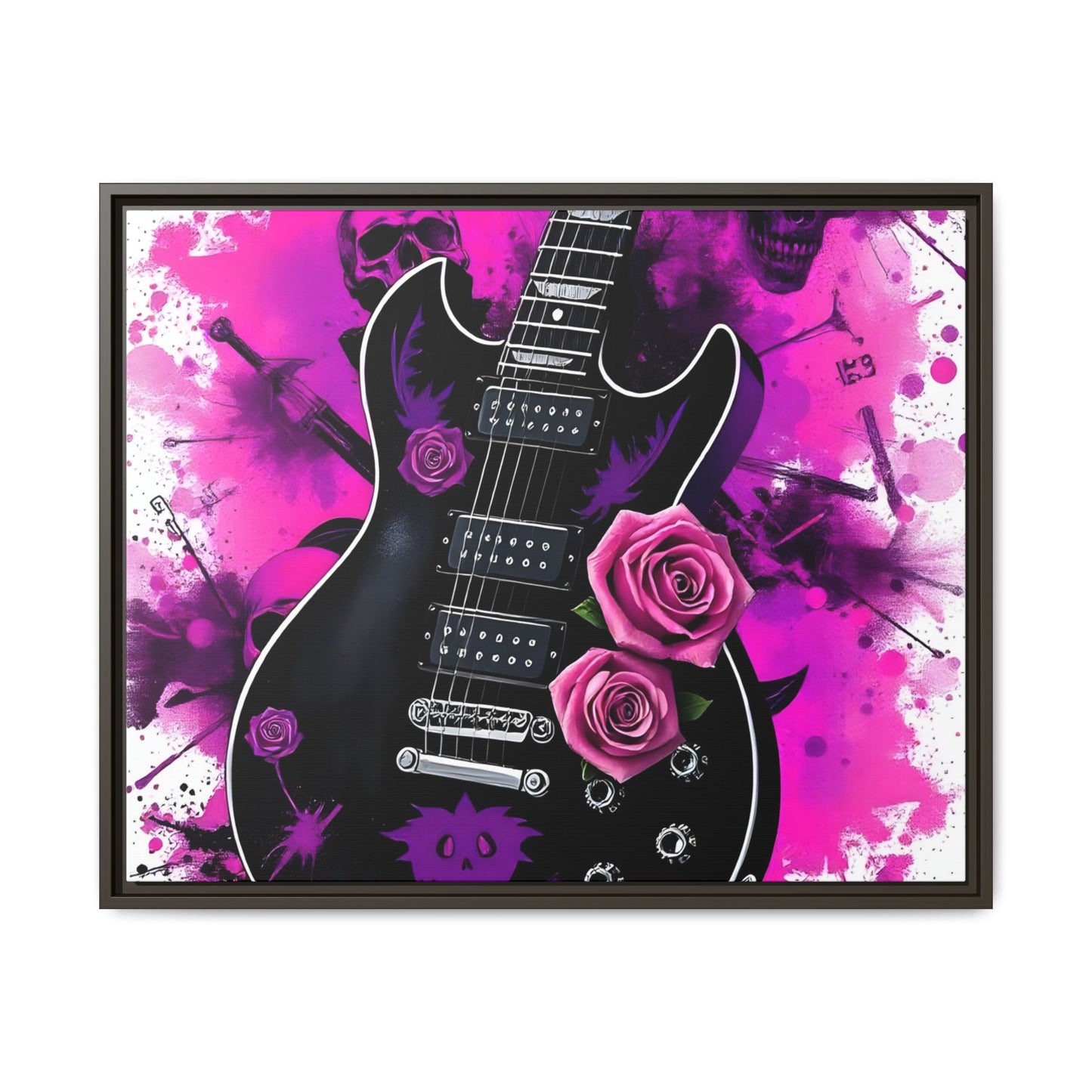 Canvas Art Print 1 of 4 - VIBRAINT Purple Guitar with Skulls and Pink Roses - Rock n Royalty Designs