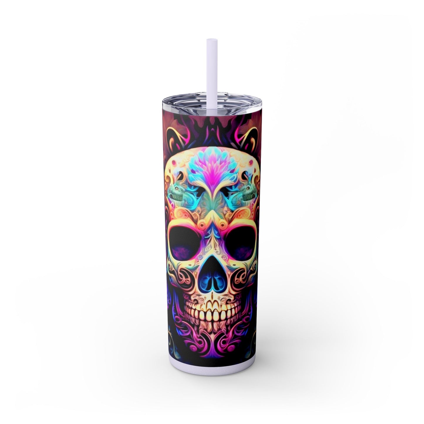 Vibraint Colorful Skulls -Skinny Tumbler with Straw, 20oz Printify