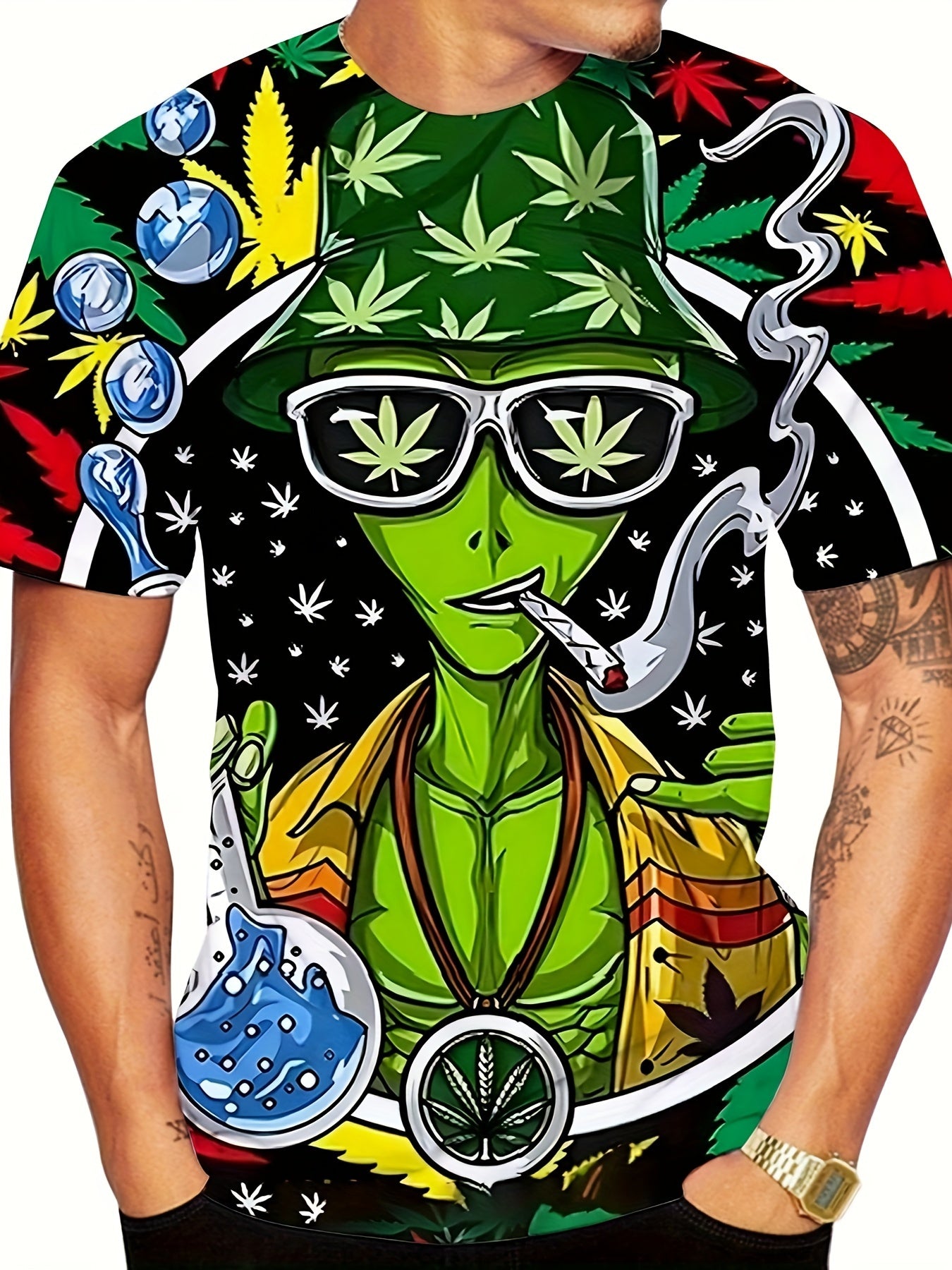 Novelty 3D Alien Maryjane Pattern Print Men's Crew Neck Short Sleeve T-shirt, Casual Summer T-Shirt For Daily Wear And Vacation Resorts - Rock n Royalty Designs