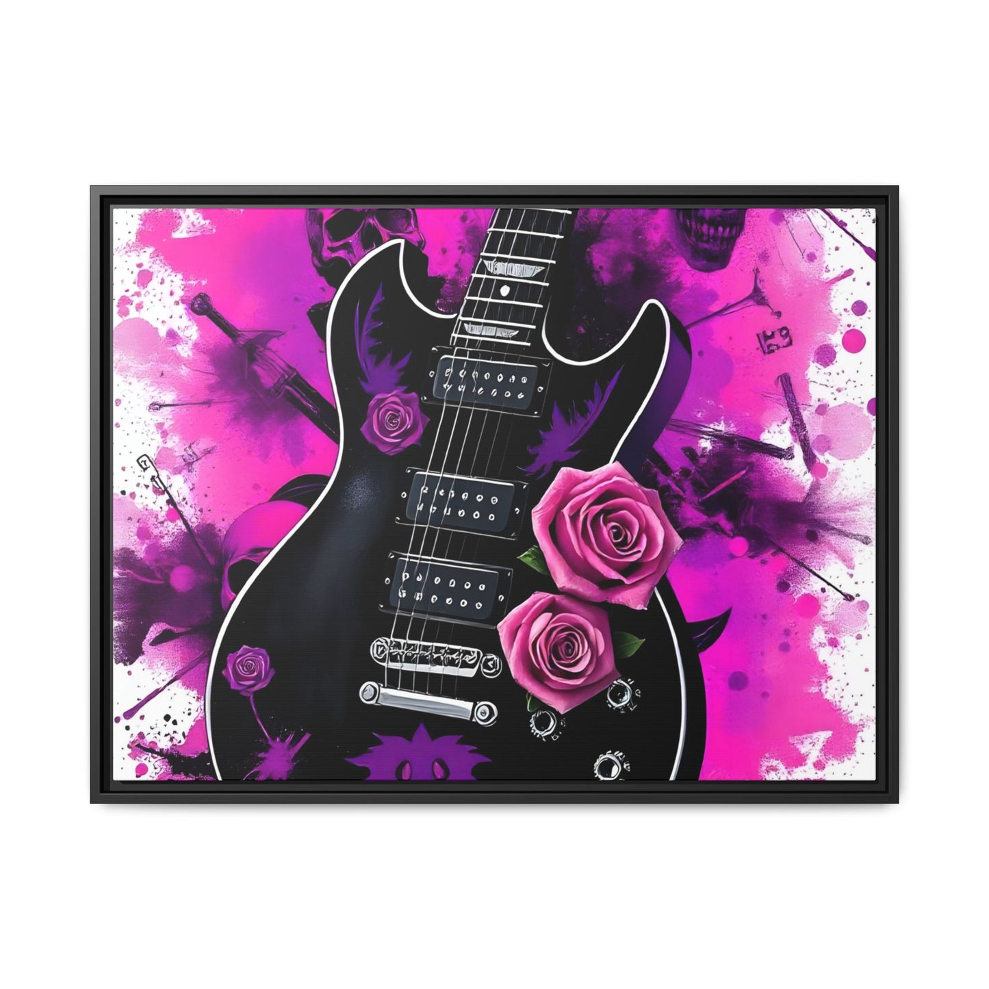 Canvas Art Print 1 of 4 - VIBRAINT Purple Guitar with Skulls and Pink Roses - Rock n Royalty Designs