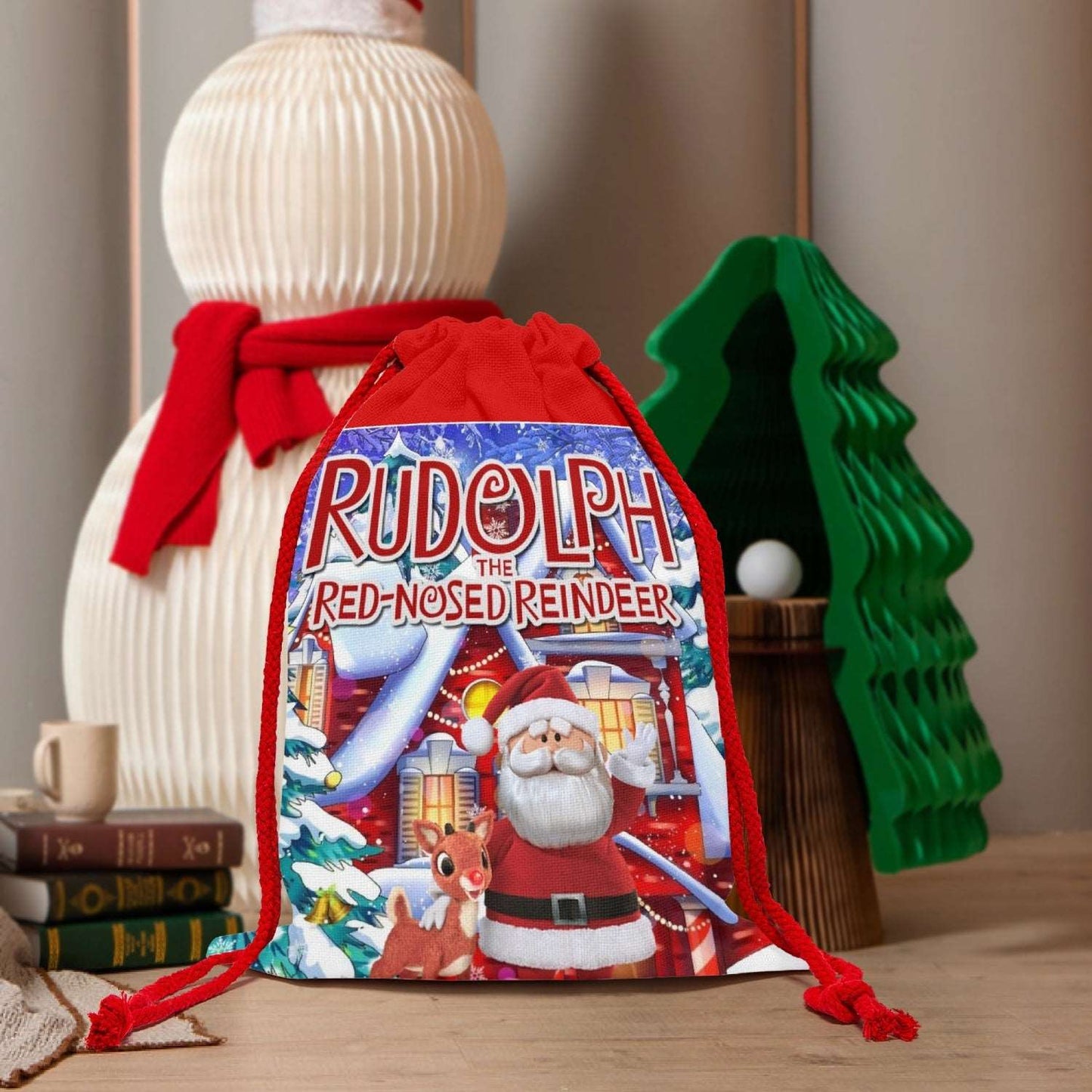 "Rudolph & Santa Christmas Linen Gift Bag | Festive Holiday Decor"