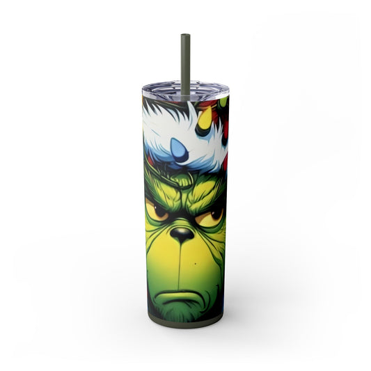 Mad Grinch Face Skinny Tumbler with Straw, 20oz Printify