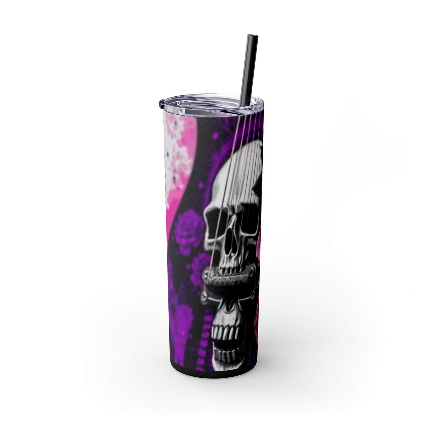 Series 3 of 4 - VIBRAINT Purple Guitar with Skulls and Pink Roses,Skinny Tumbler with Straw, 20oz - Rock n Royalty Designs