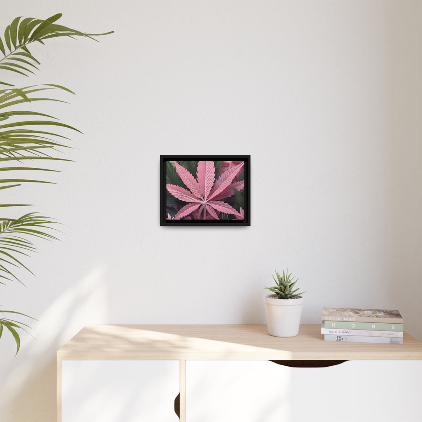 "Pink Cannabis Leaf Art | Framed Botanical Wall Decor | Modern Marijuana Print" Matte Canvas, Framed (Multi-color) Printify