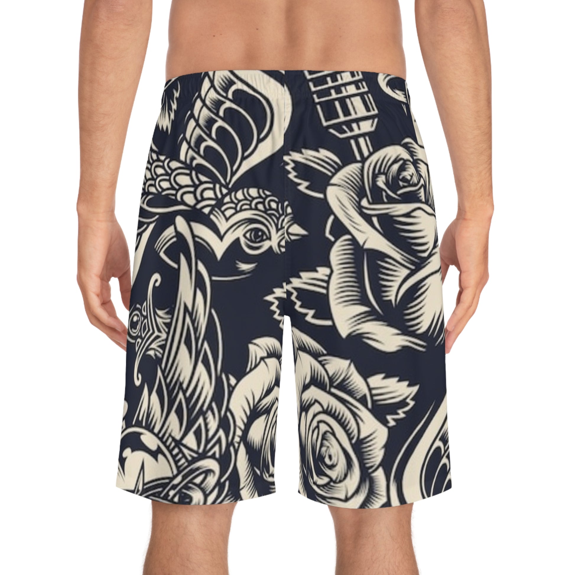 TATTOO GUN DESIGN FRONT BLK BACK - Men's Board Shorts (AOP) - Rock n Royalty Designs