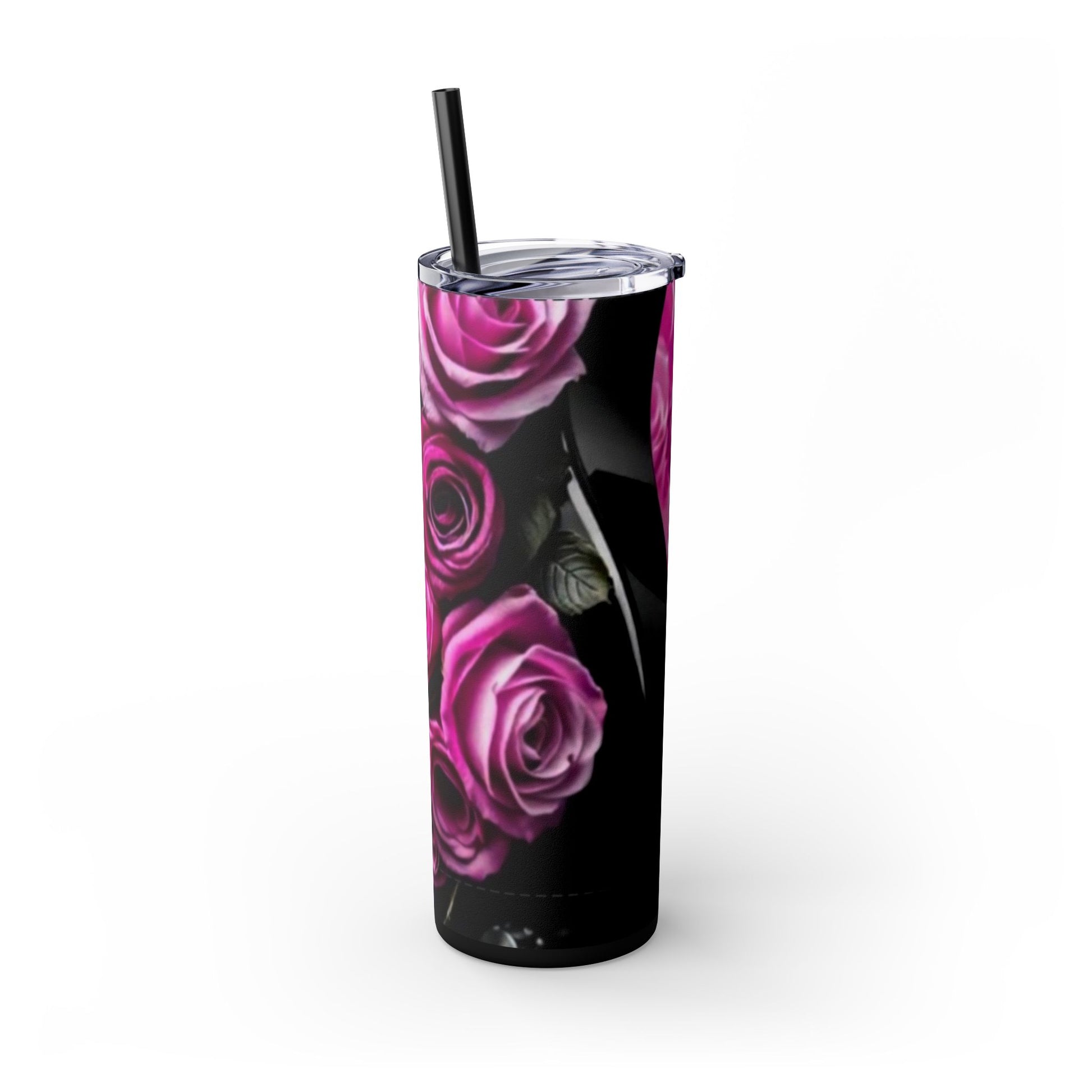 Series 3 of 4 - VIBRAINT Purple Guitar with Skulls and Pink Roses,Skinny Tumbler with Straw, 20oz - Rock n Royalty Designs