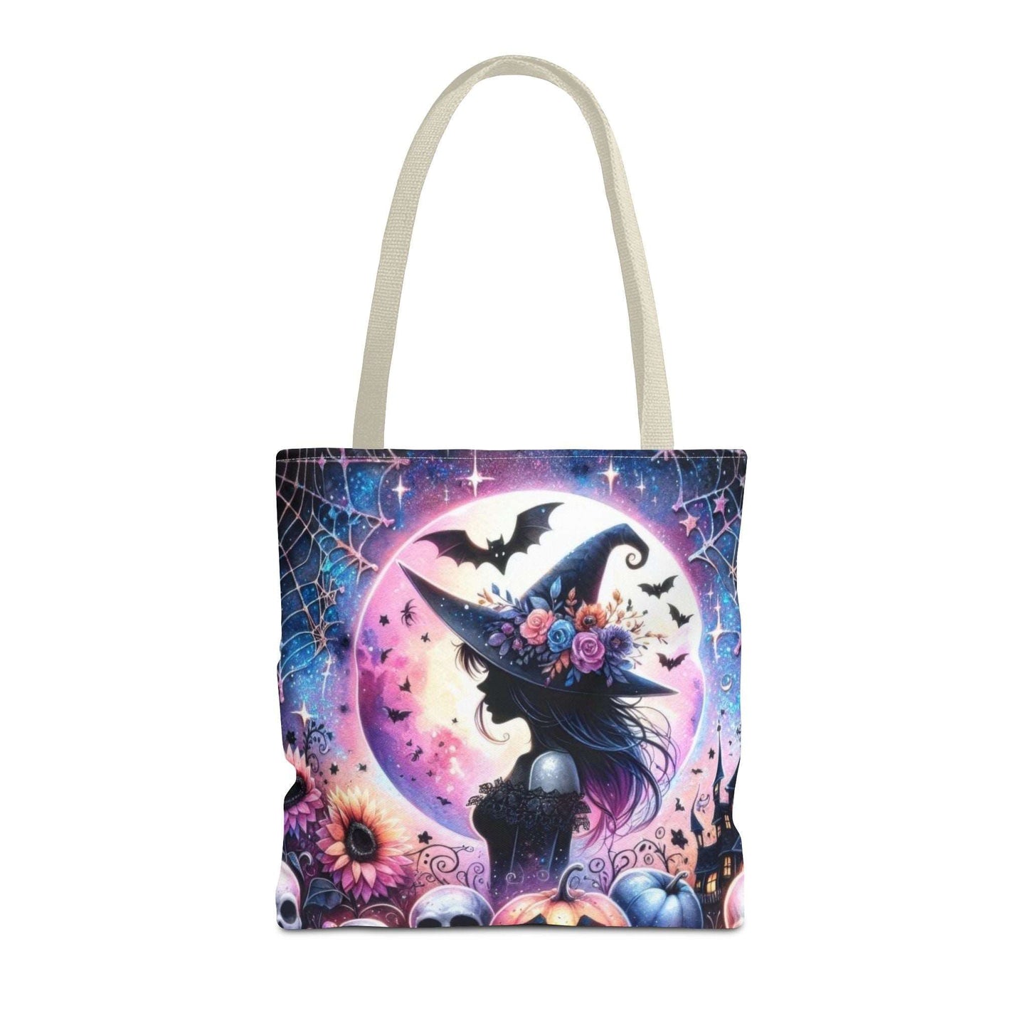 "Mystical Witch Tote Bag - Celestial Moon and Bat Design (AOP)"