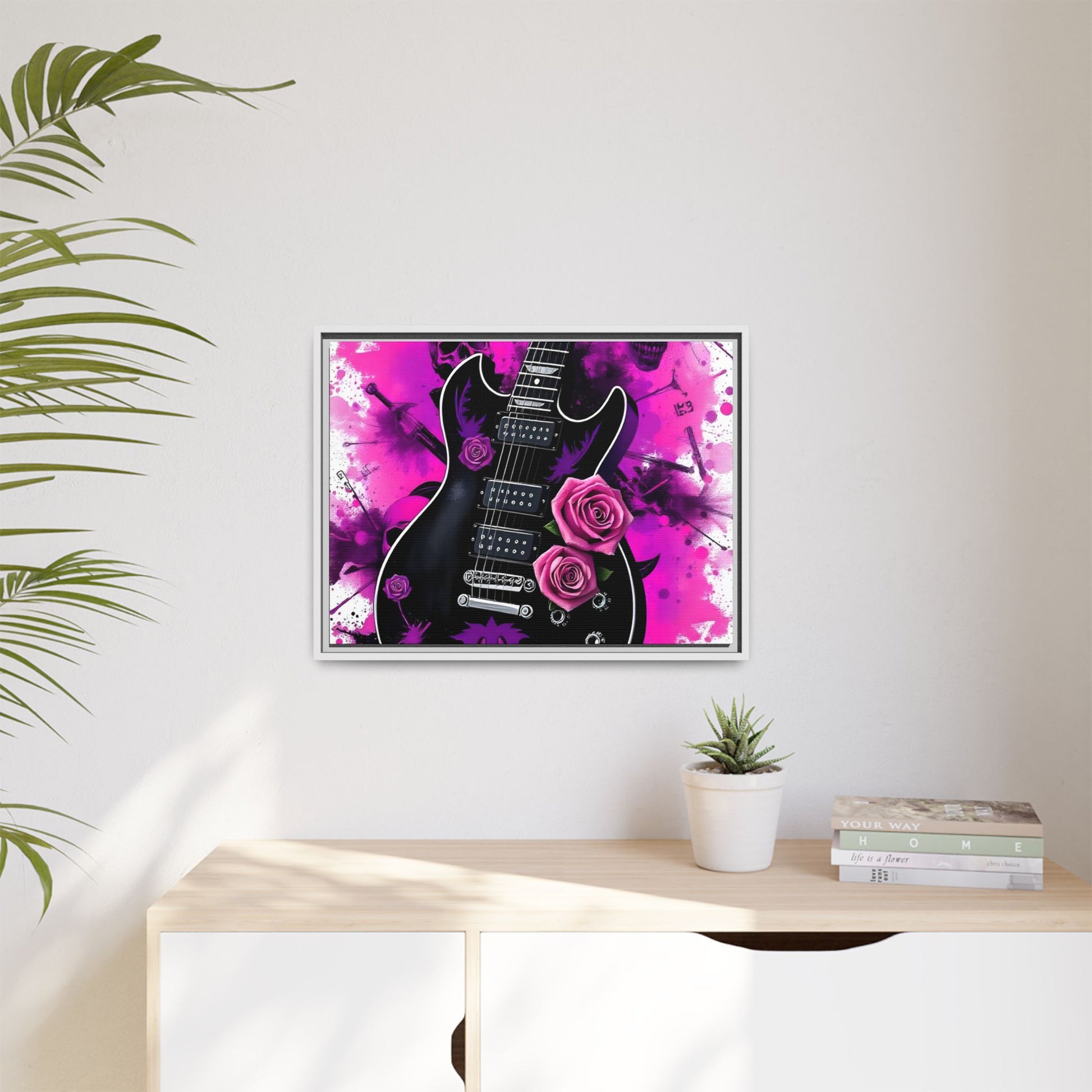 Canvas Art Print 1 of 4 - VIBRAINT Purple Guitar with Skulls and Pink Roses - Rock n Royalty Designs