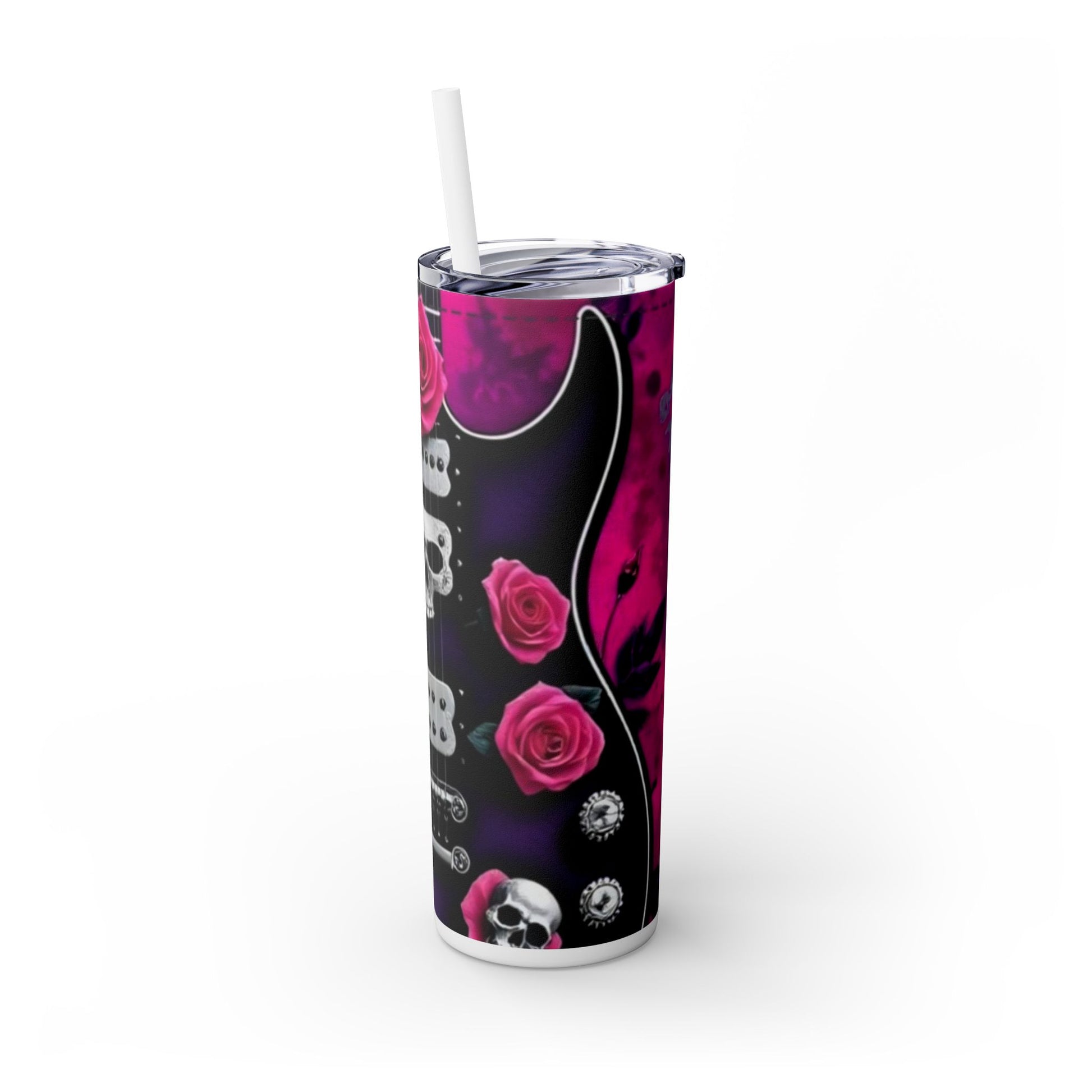 Series 4 of 4 - VIBRAINT Purple Guitar with Skulls and Pink Roses,Skinny Tumbler with Straw, 20oz - Rock n Royalty Designs