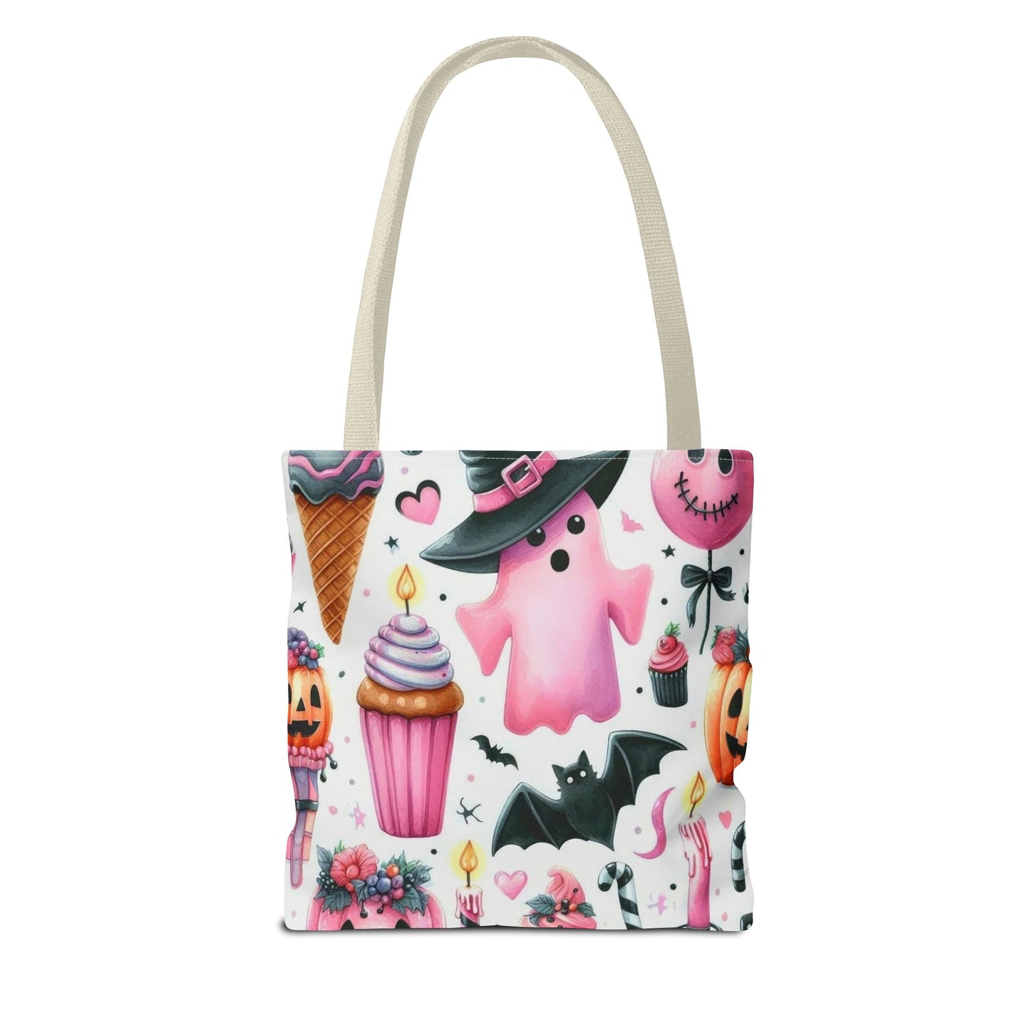 "Cute Halloween Tote Bag - Pink Ghost & Spooky Treats Design" Print Tote Bag Printify