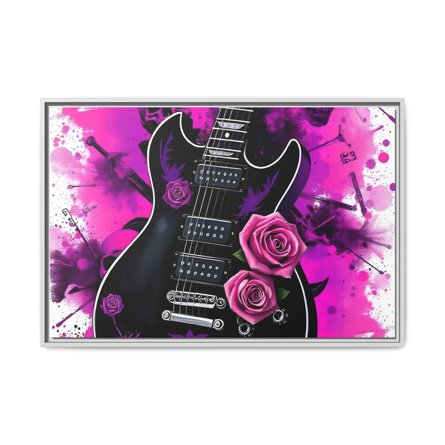 Canvas Art Print 1 of 4 - VIBRAINT Purple Guitar with Skulls and Pink Roses - Rock n Royalty Designs