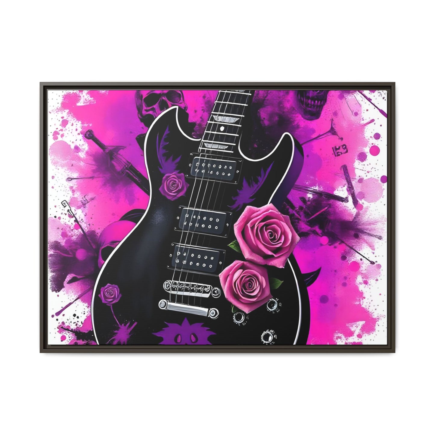 Canvas Art Print 1 of 4 - VIBRAINT Purple Guitar with Skulls and Pink Roses - Rock n Royalty Designs